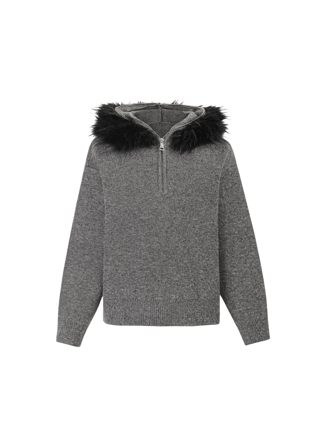 High Street Detachable Fur Collar Half-zipped Sweater