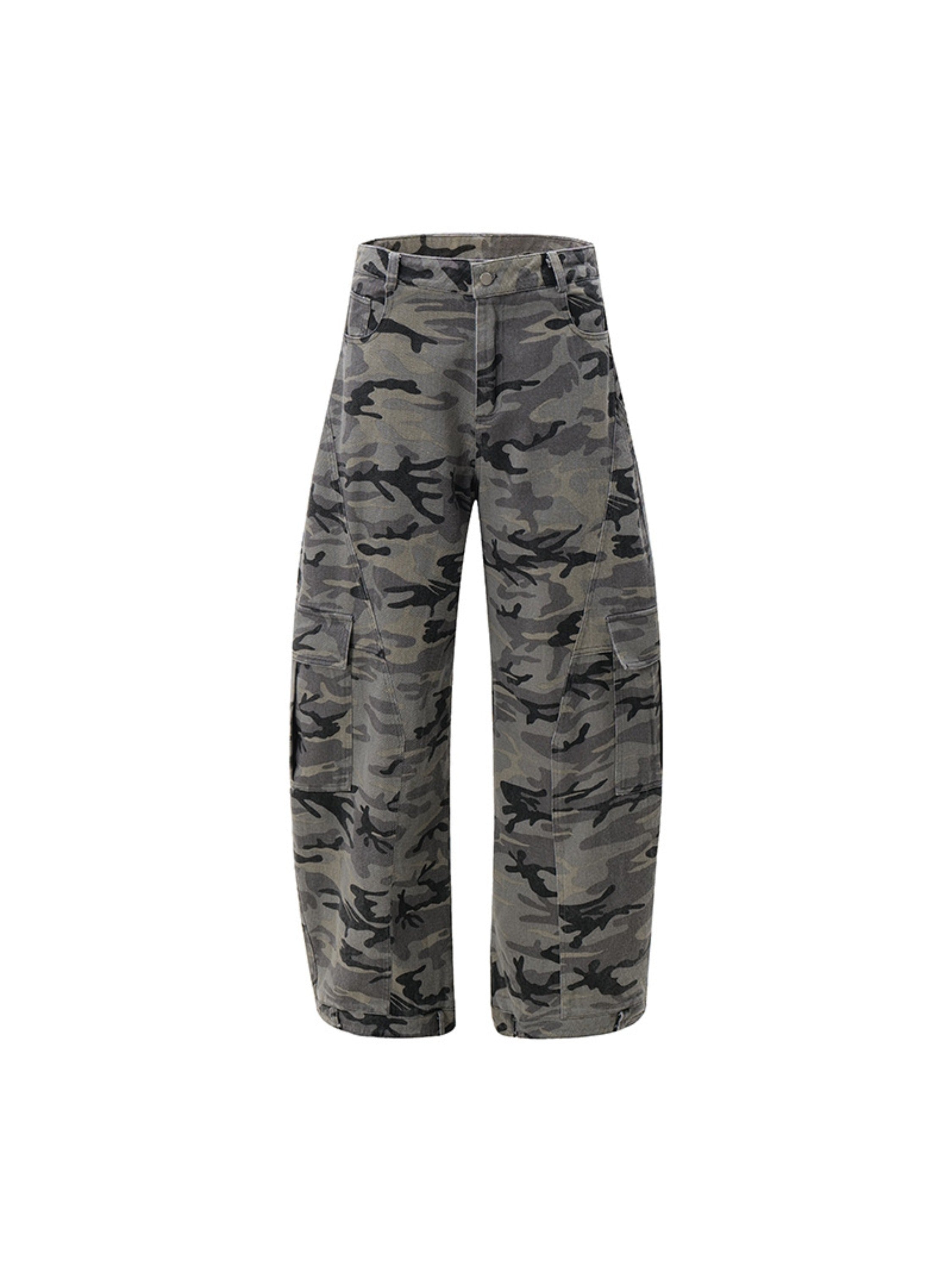 Curved Leg Paneled Camouflage Cargo Pants