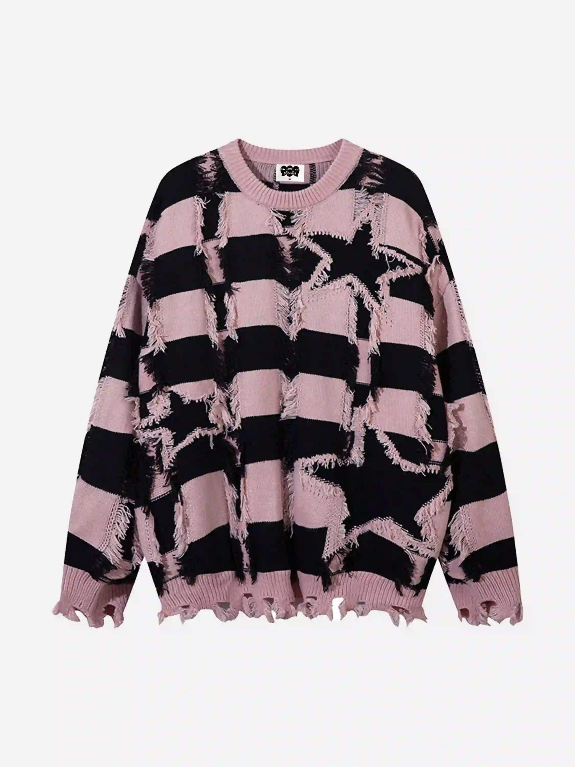 Disguisen Street Star Stripe Whisker Ripped Crew Neck Sweater