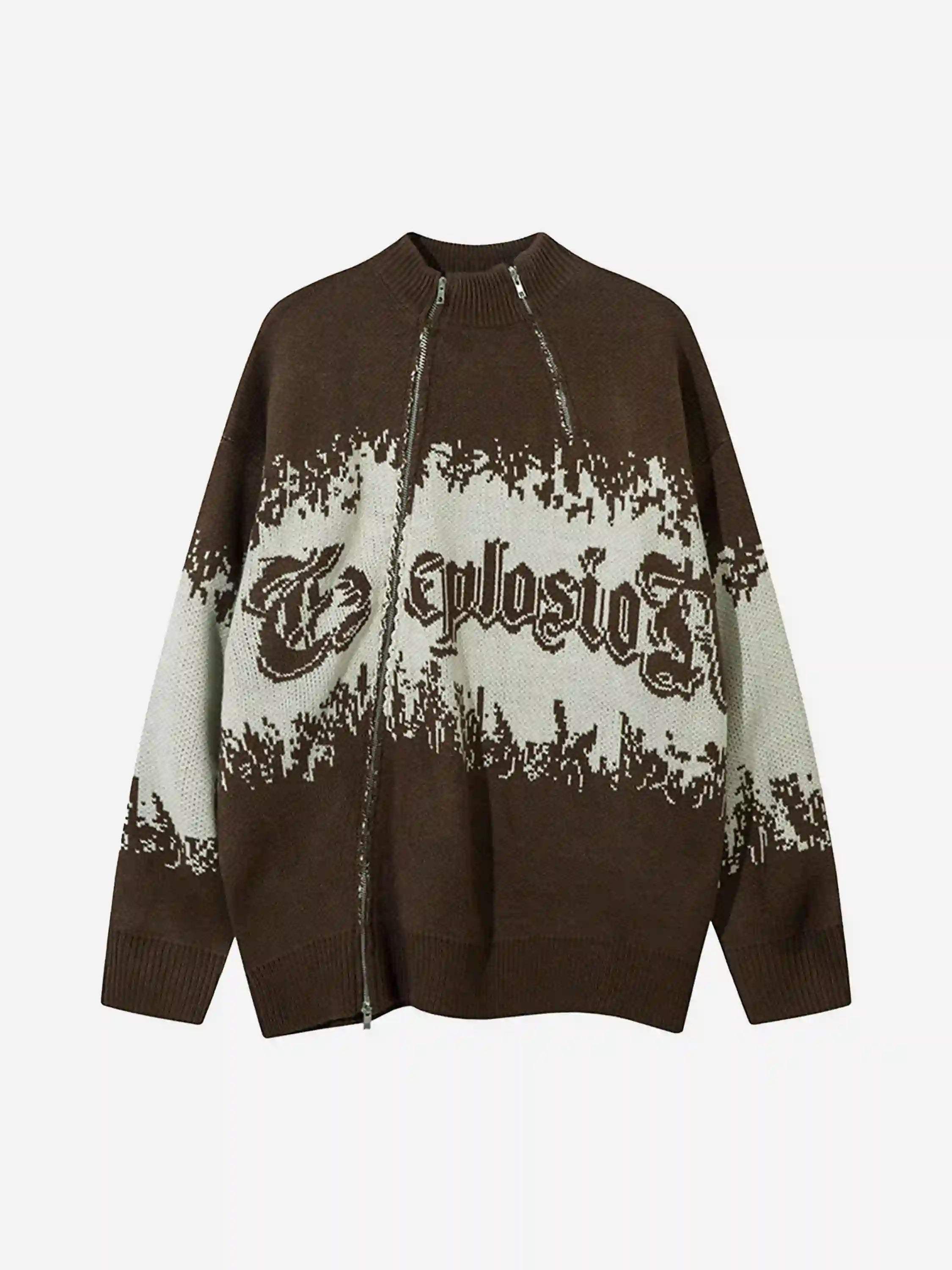 Disguisen Asymmetric Jacquard Stitching With Two-Way Zipper Sweater