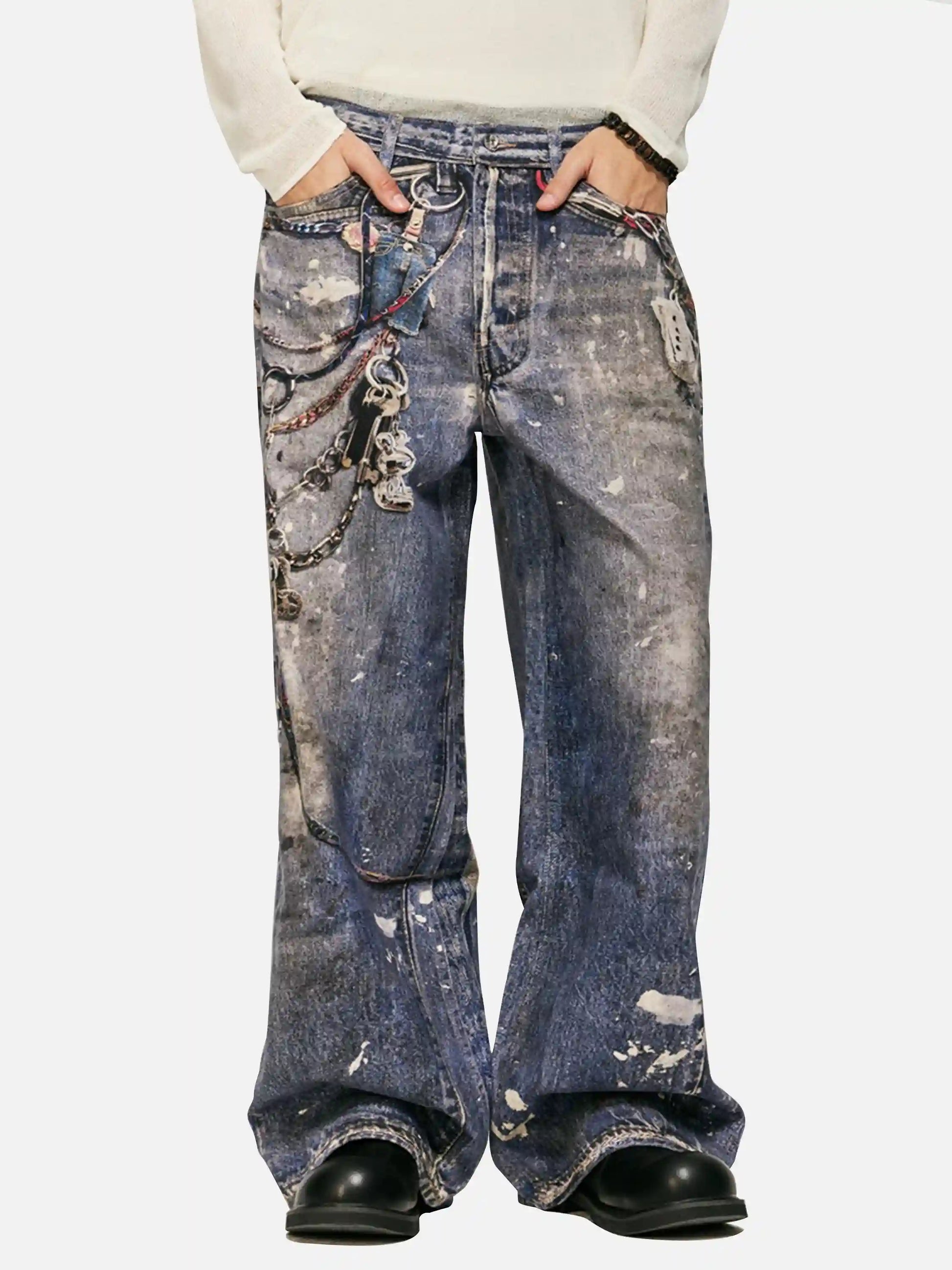3D Digital Printed Chain Straight Jeans