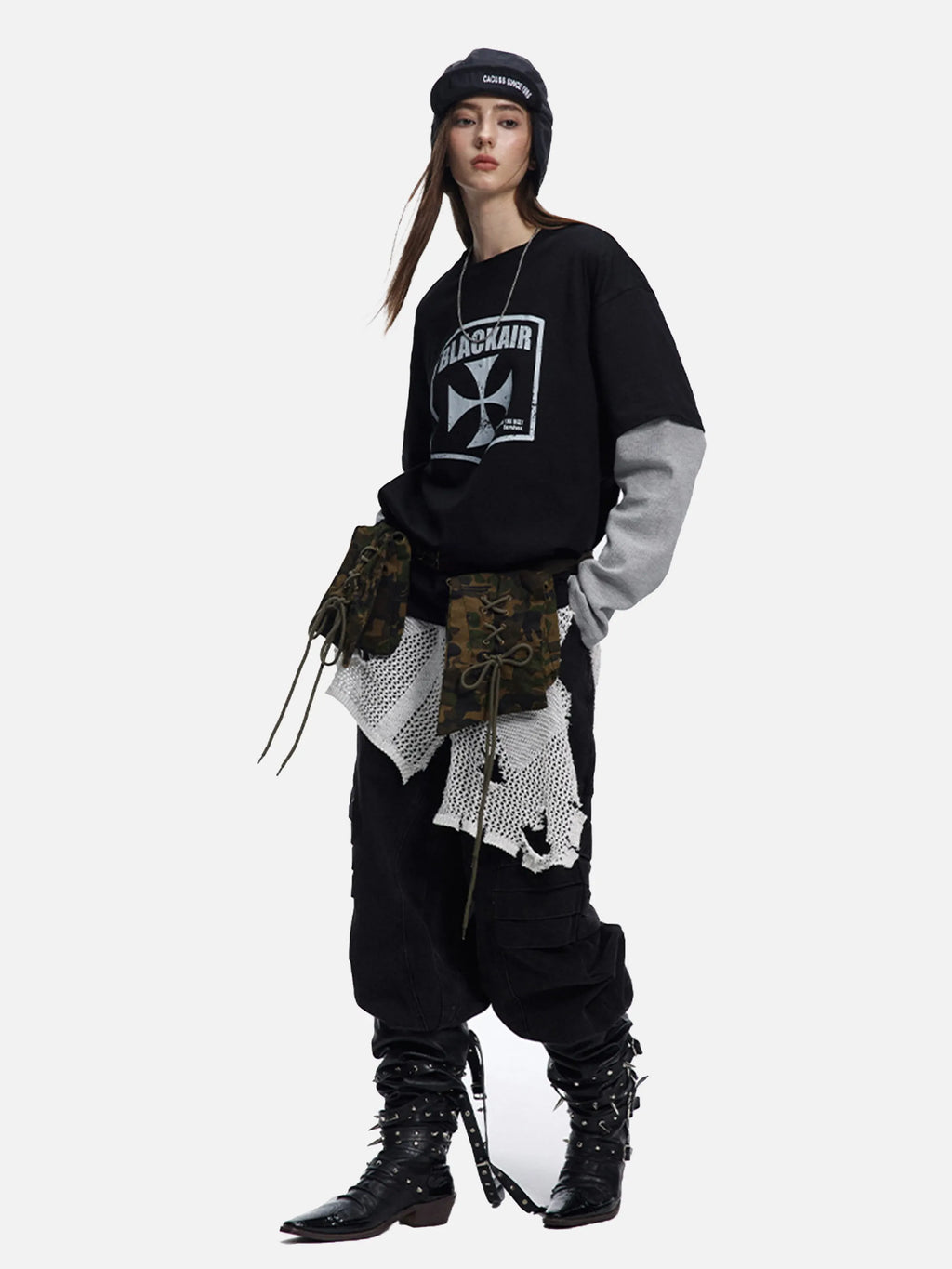 Disguisen American Waffle Faux Two-Piece Long-Sleeved T-Shirt
