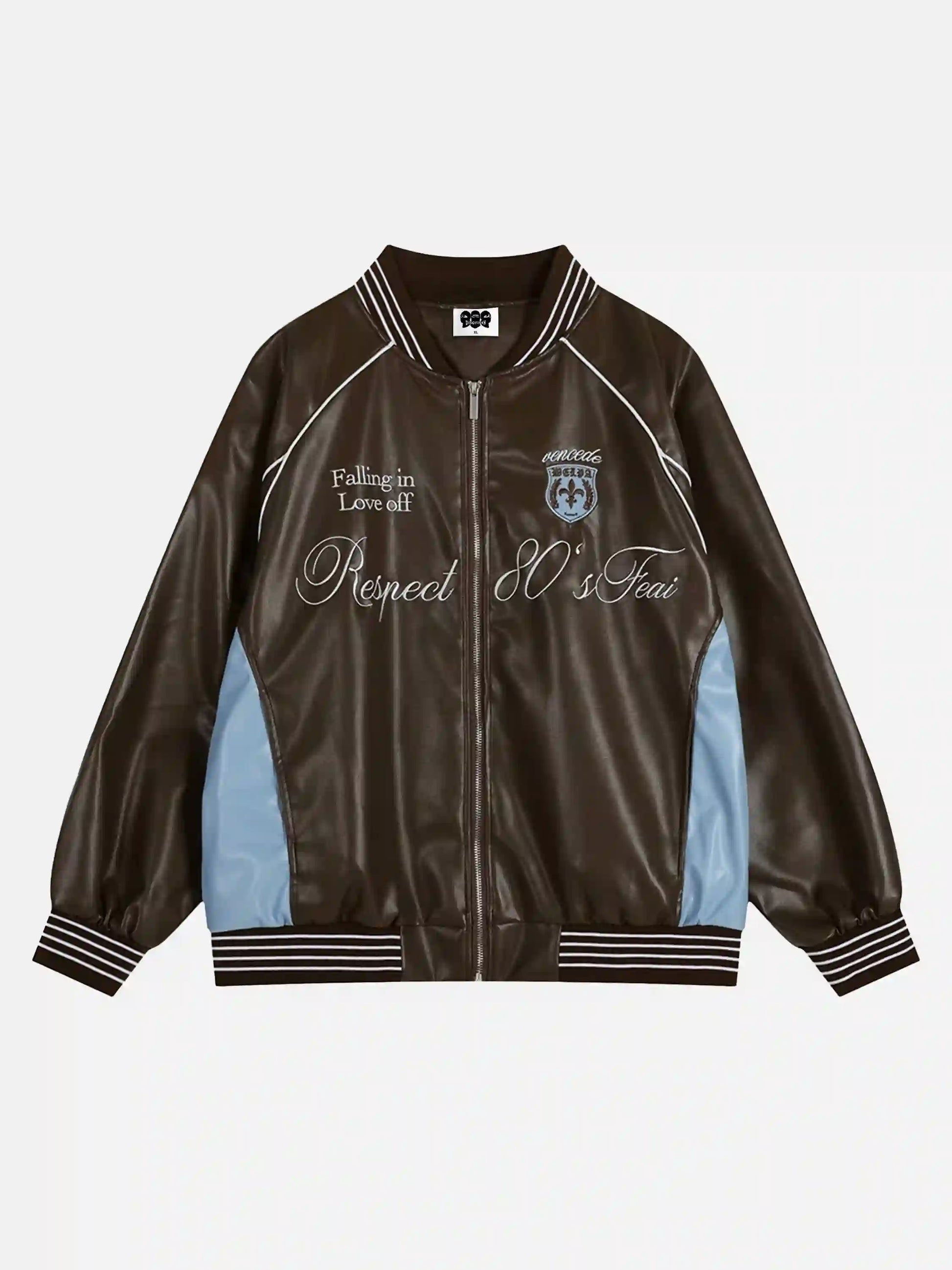 Disguisen Letter Embroidery Colorblock PU Leather Jacket