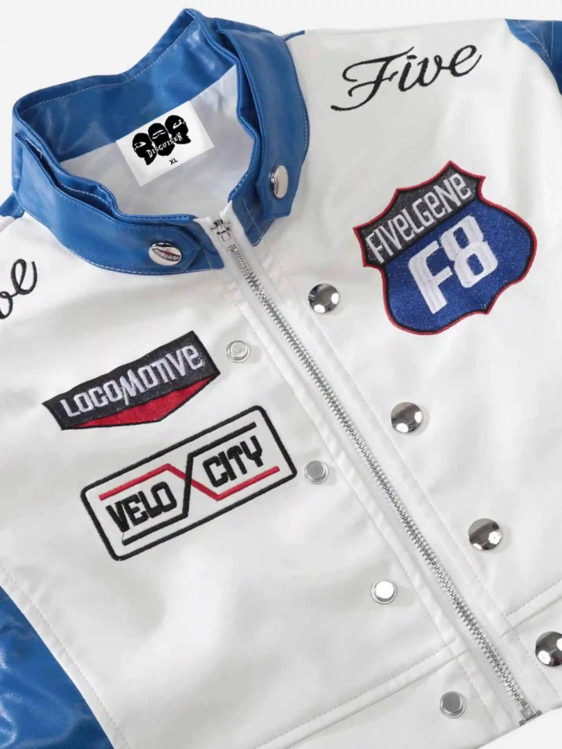 Badge Short PU Leather Racing Jacket-2221