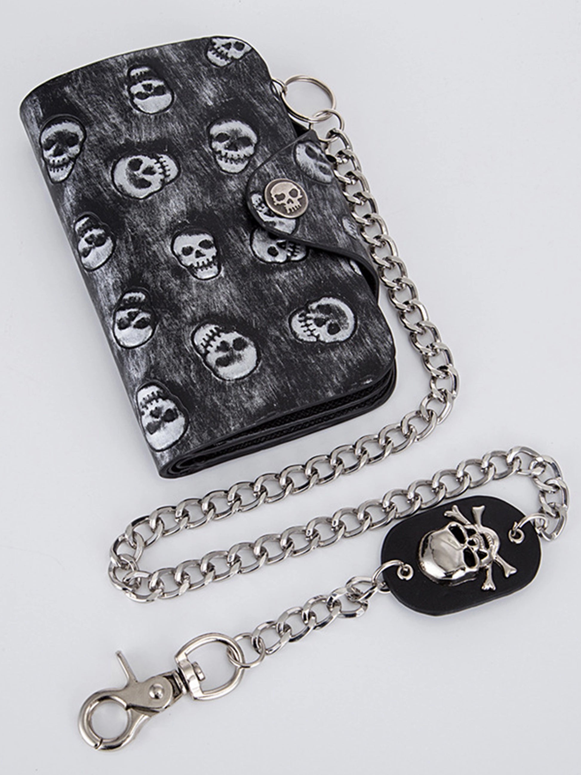Rivet Skull Embroidered Chain Wallet