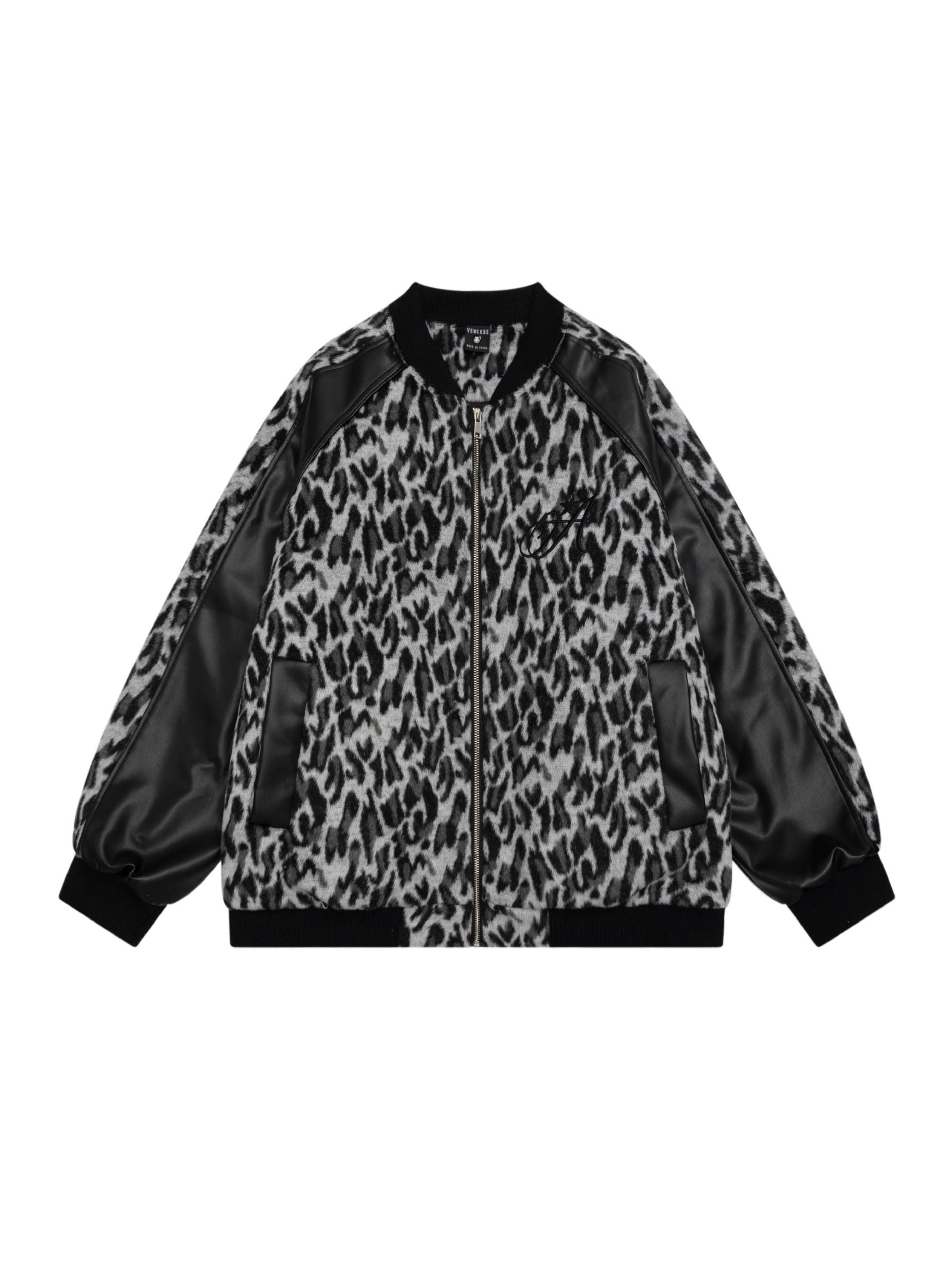 Retro Leopard Print PU Leather Baseball Jacket