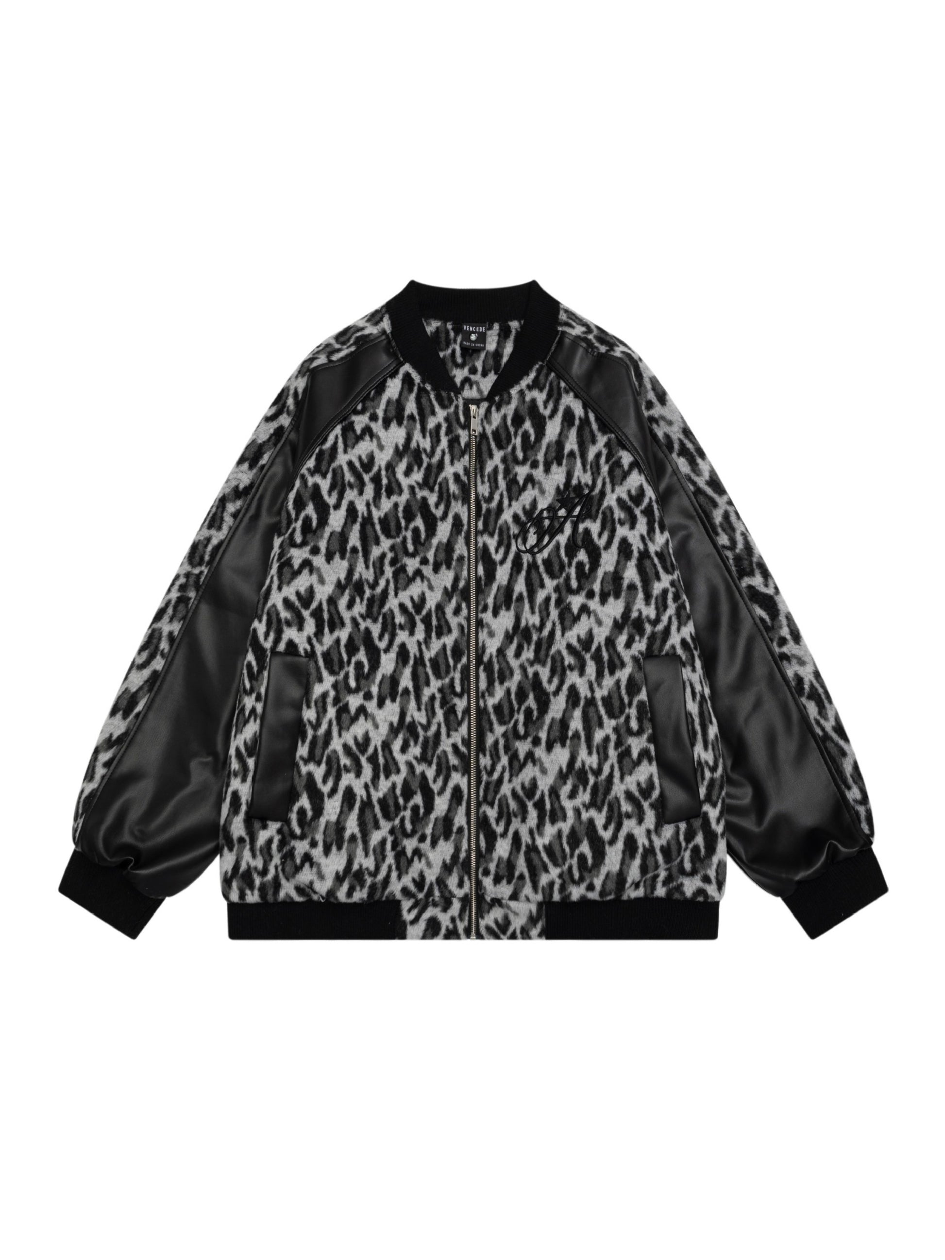 Retro Leopard Print PU Leather Baseball Jacket