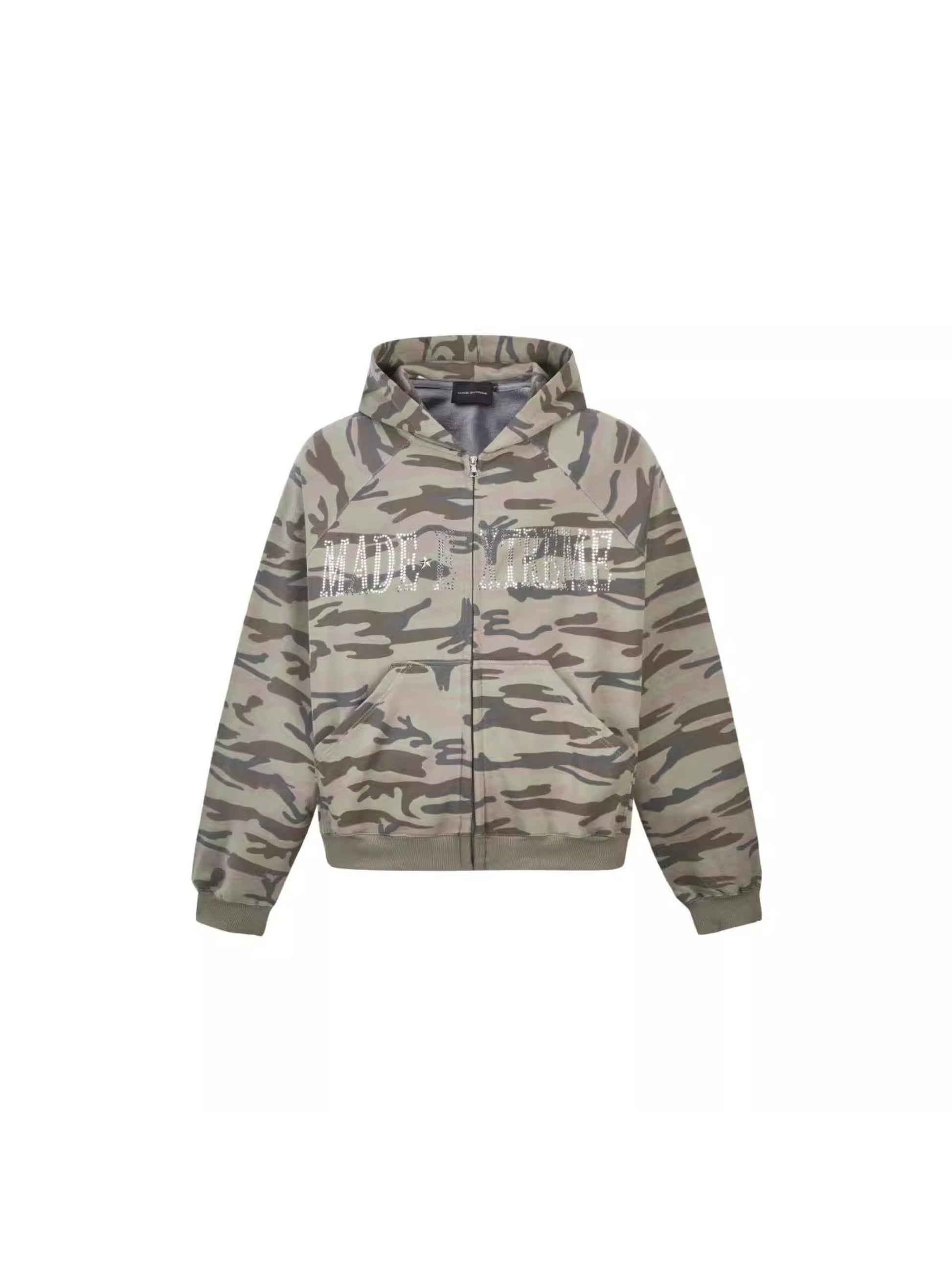 Camouflage Sequin Letter Pattern Zipper Hoodie