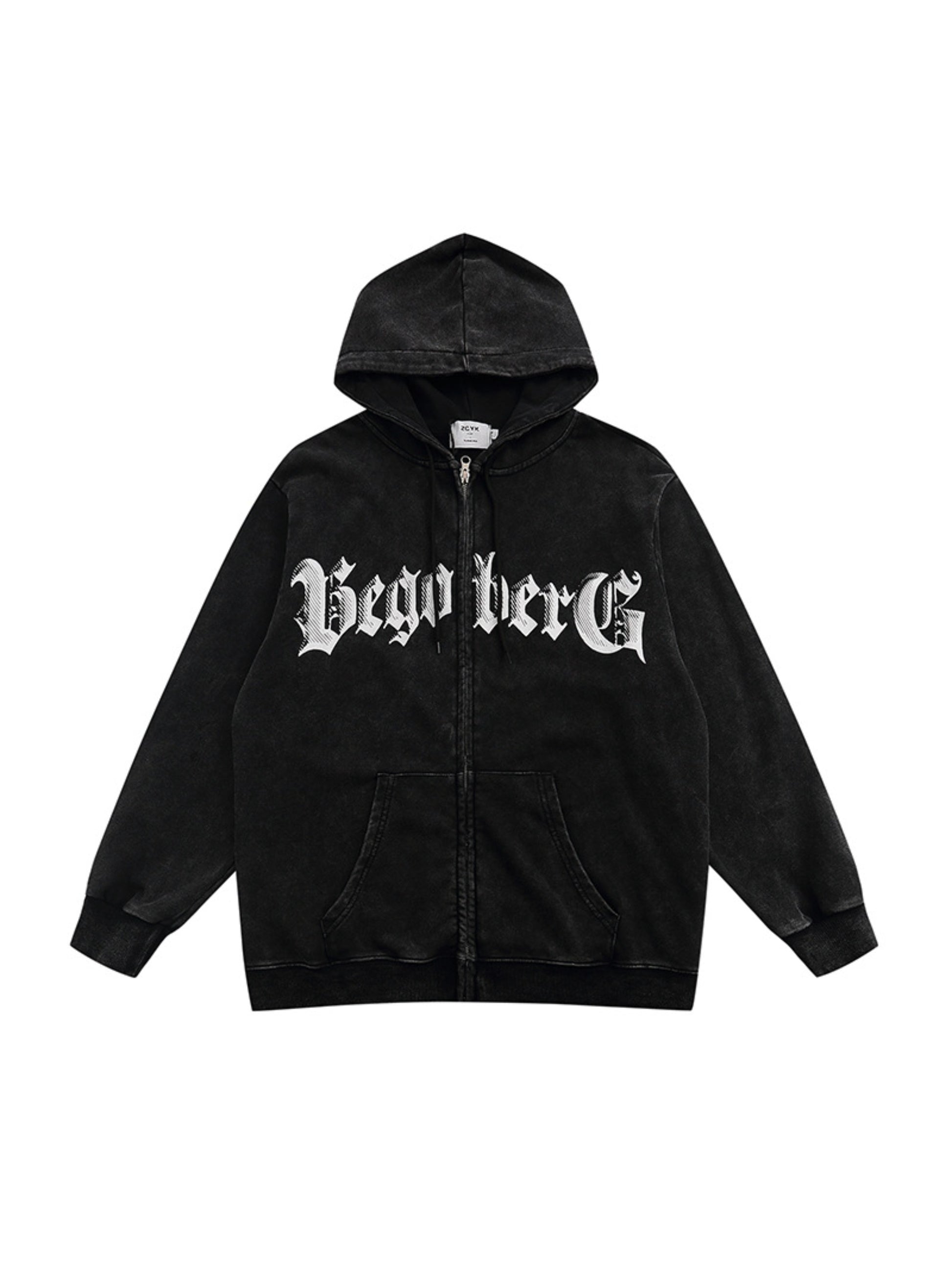 Vintage Letter Print Zipper Hoodie