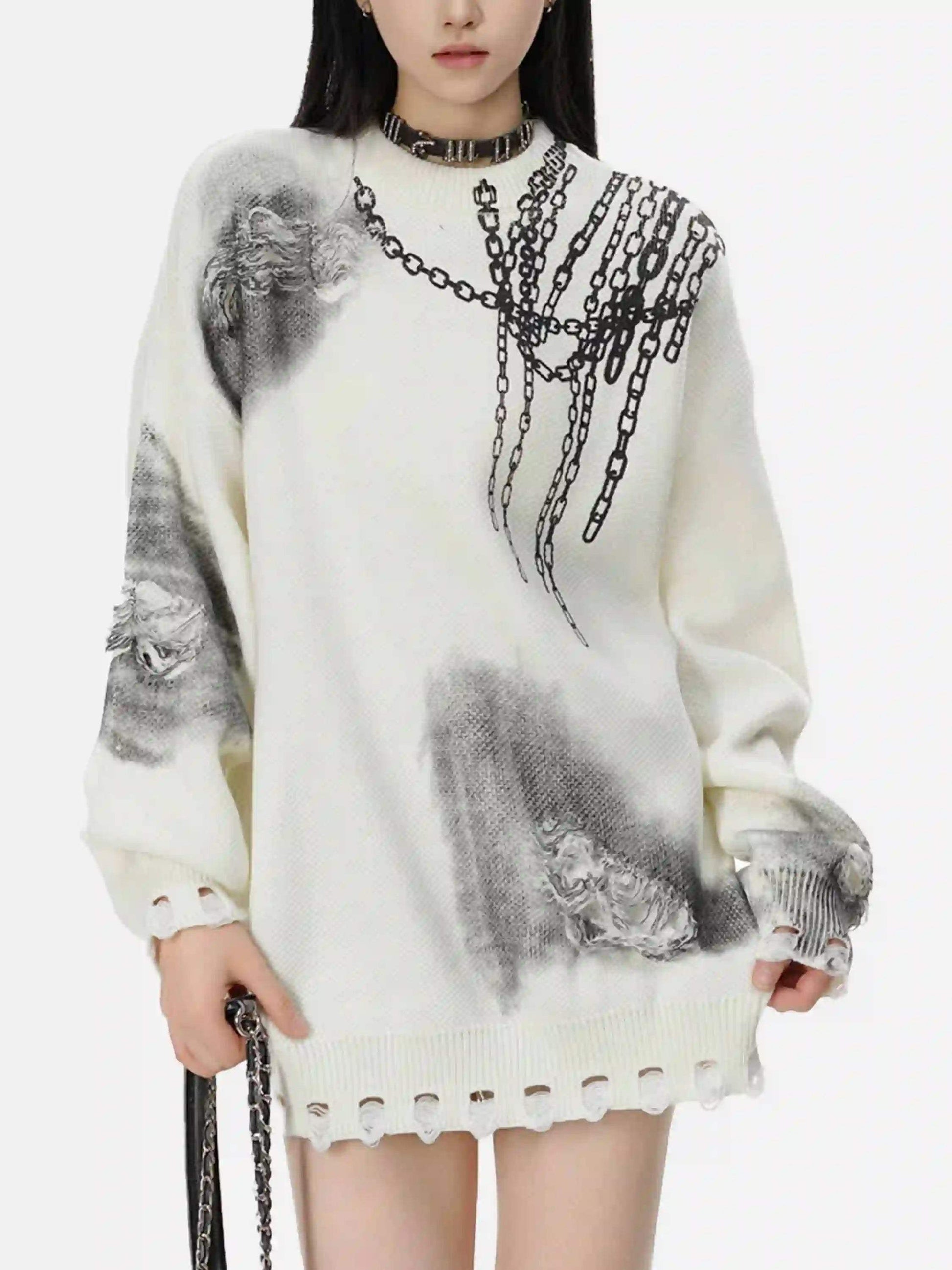 Disguisen High Street Spray Painted Distressed Dirty Chain Round Neck Sweater
