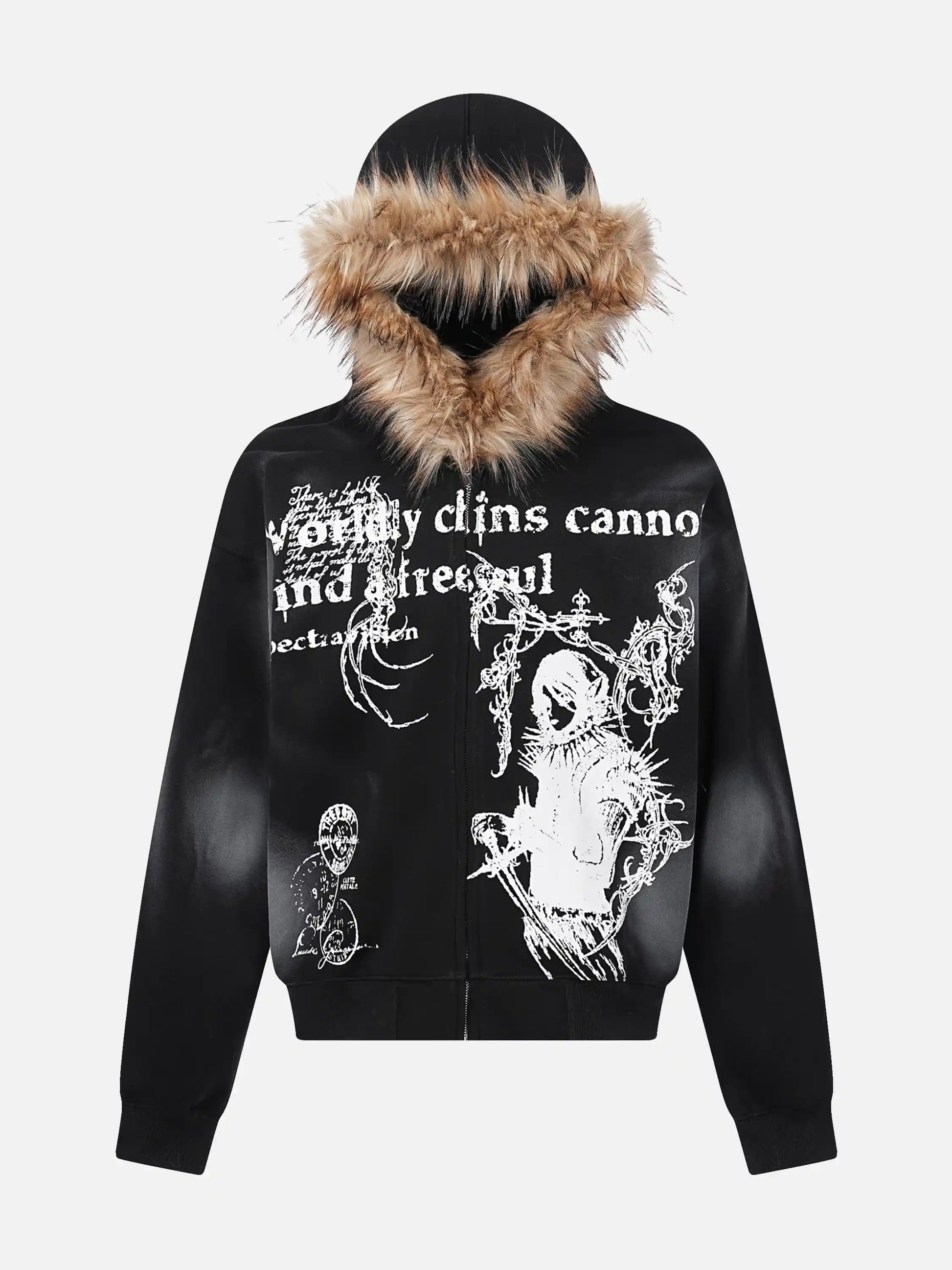 Character Print Fur Collar Zip-Up Hoodie