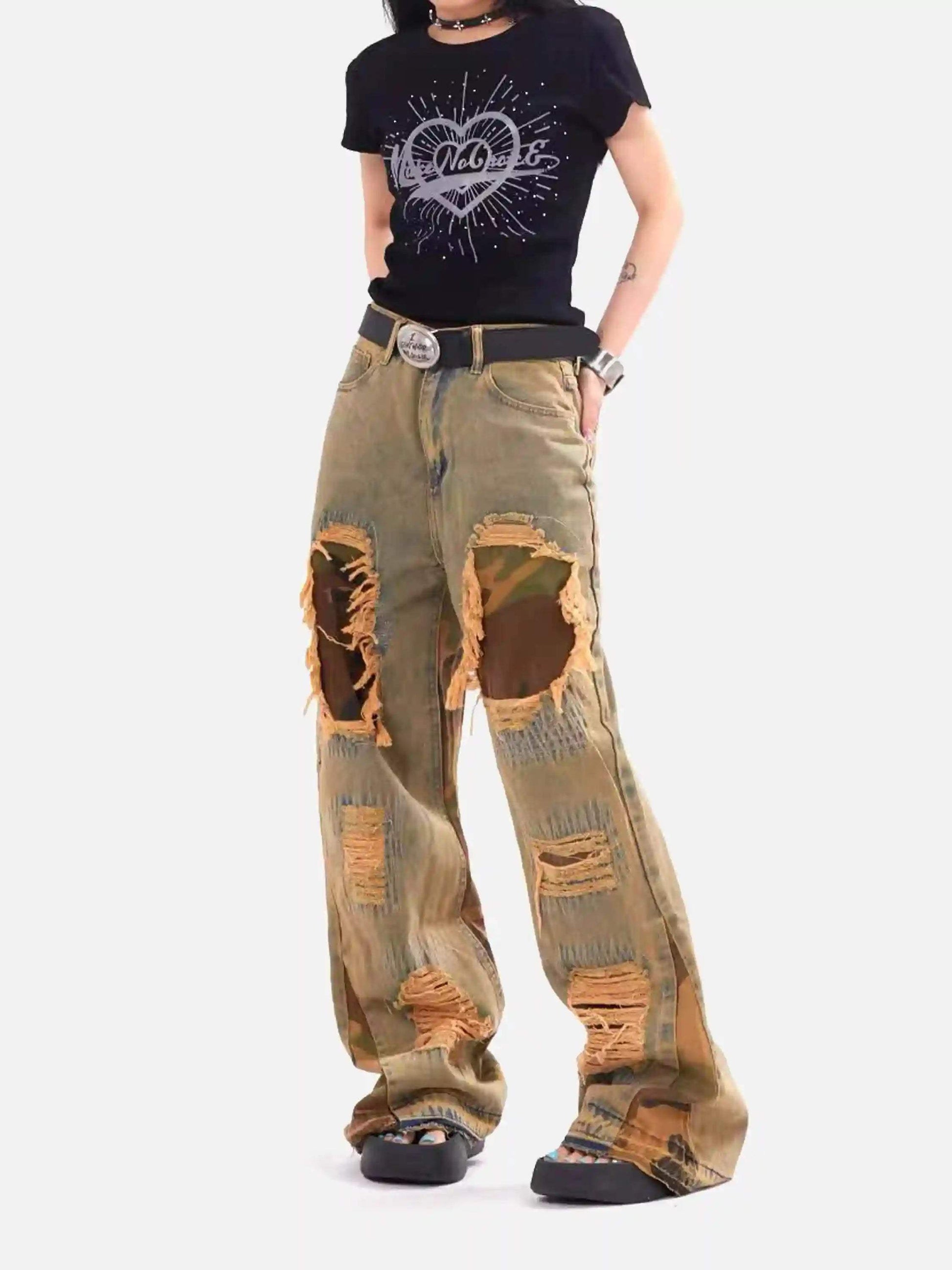 Disguisen Retro Patchwork Camouflage Flared Jeans