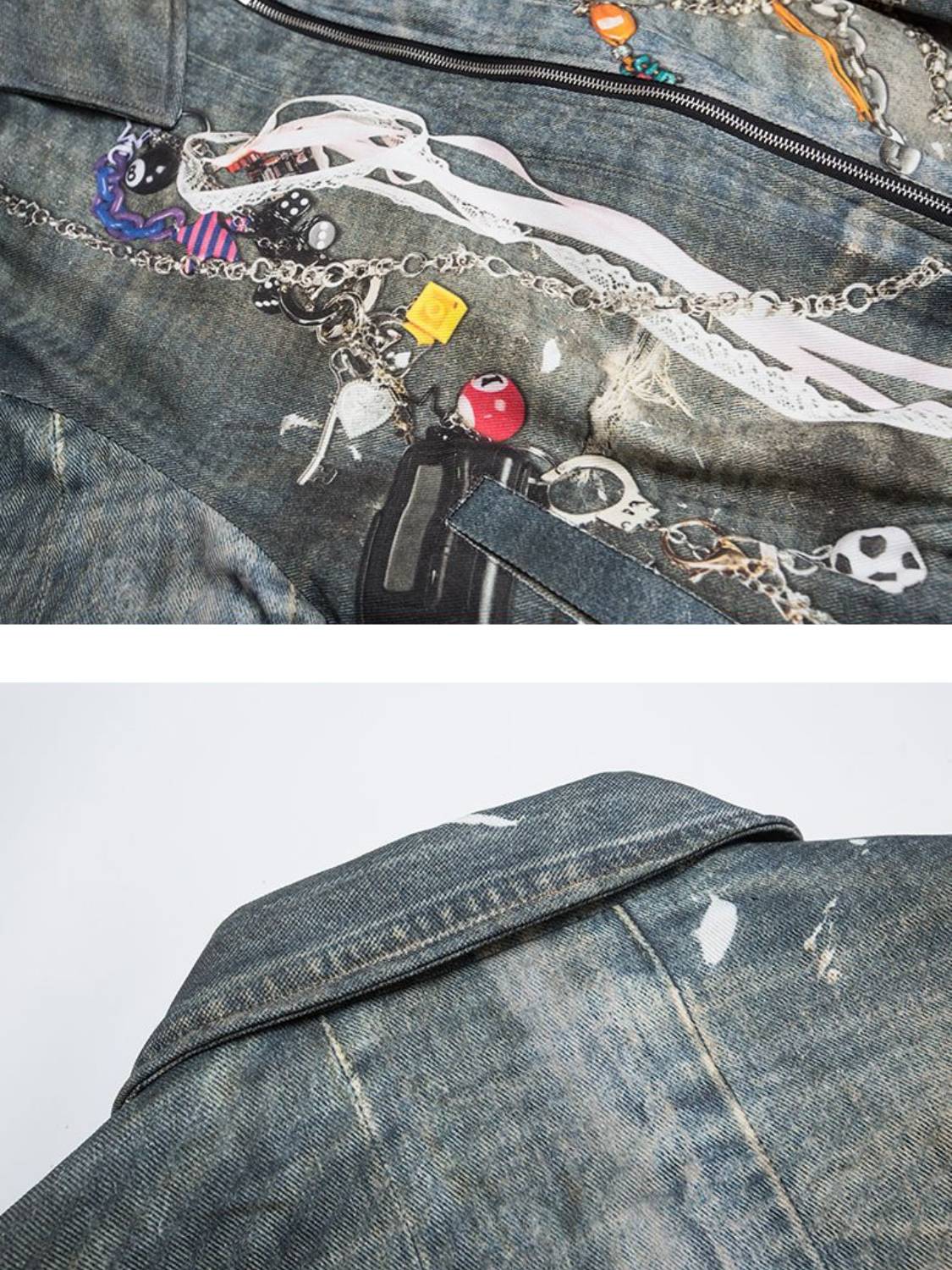 Distressed 3D Digital Print Denim Jacket