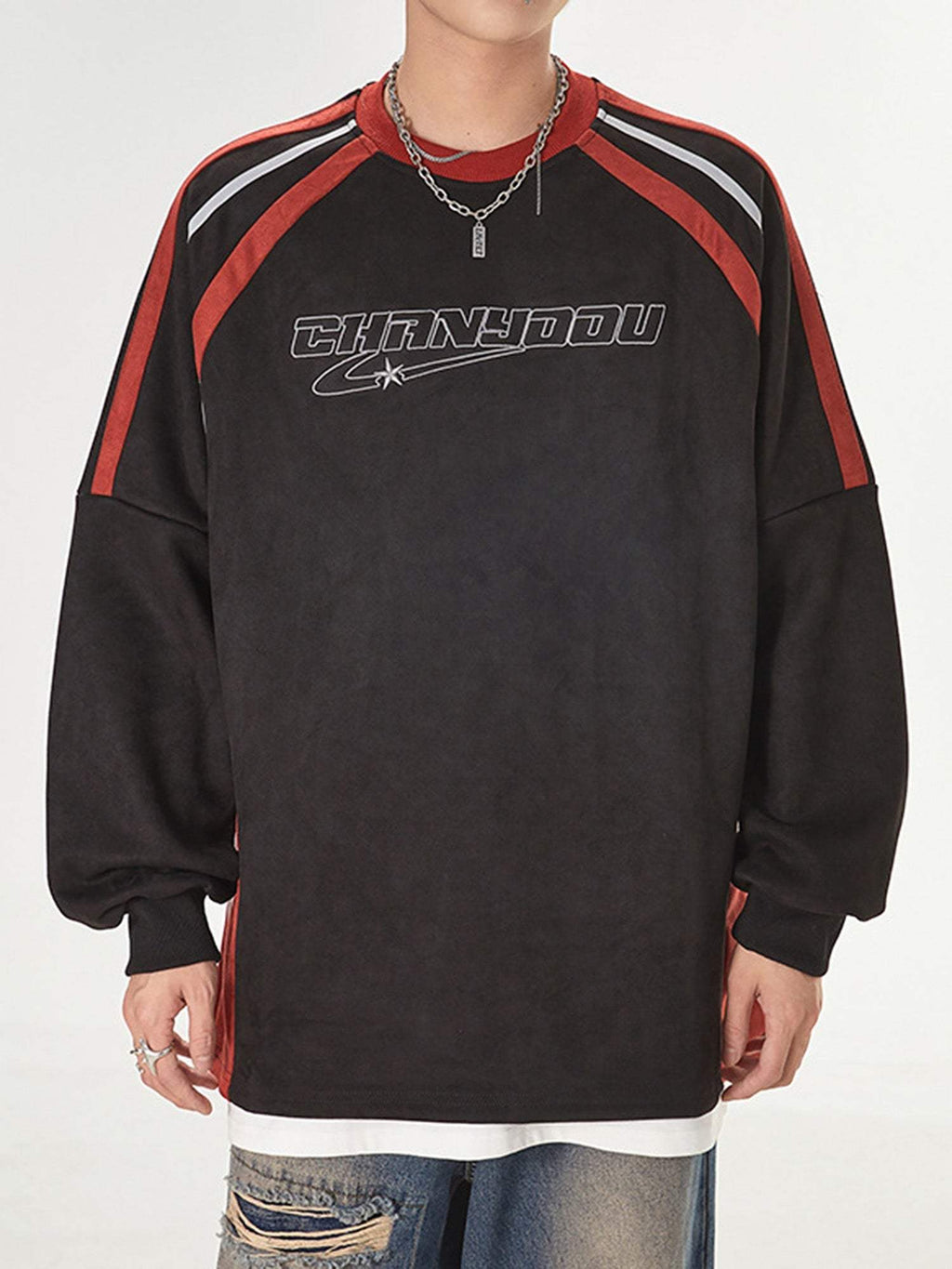 Disguisen Patchwork Contrasting Two-tone Raglan Embroidered Sweatshirt