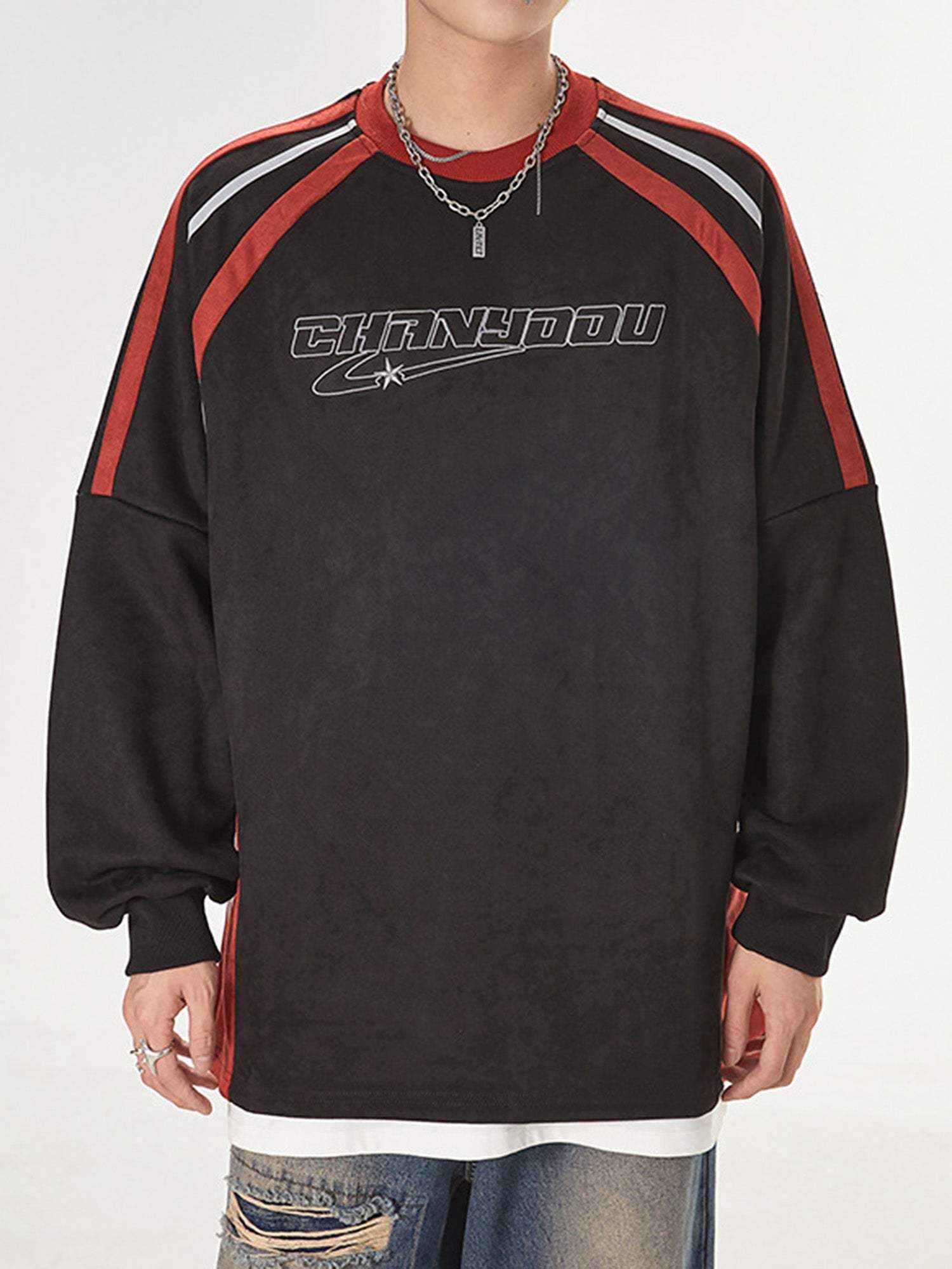 Disguisen Patchwork Contrasting Two-tone Raglan Embroidered Sweatshirt