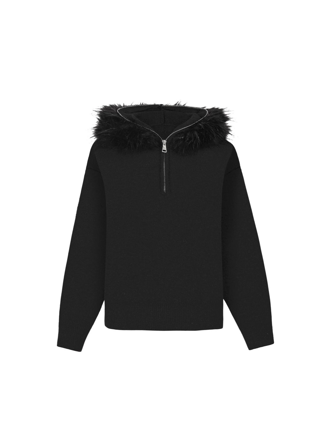 High Street Detachable Fur Collar Half-zipped Sweater