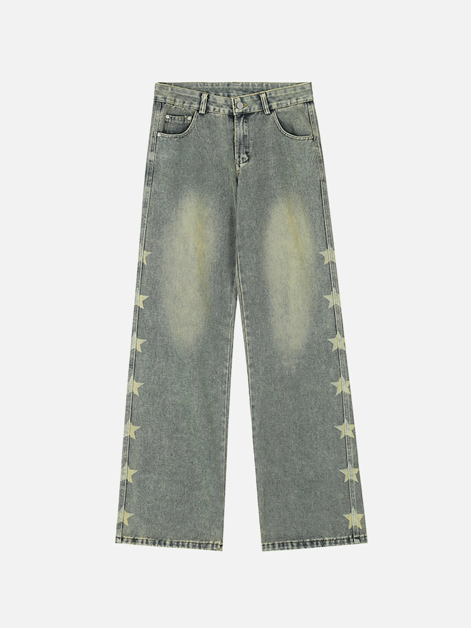 Vintage Distressed Star Print Straight-leg Jeans