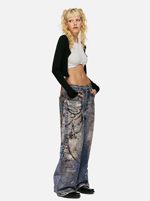 3D Digital Printed Chain Straight Jeans