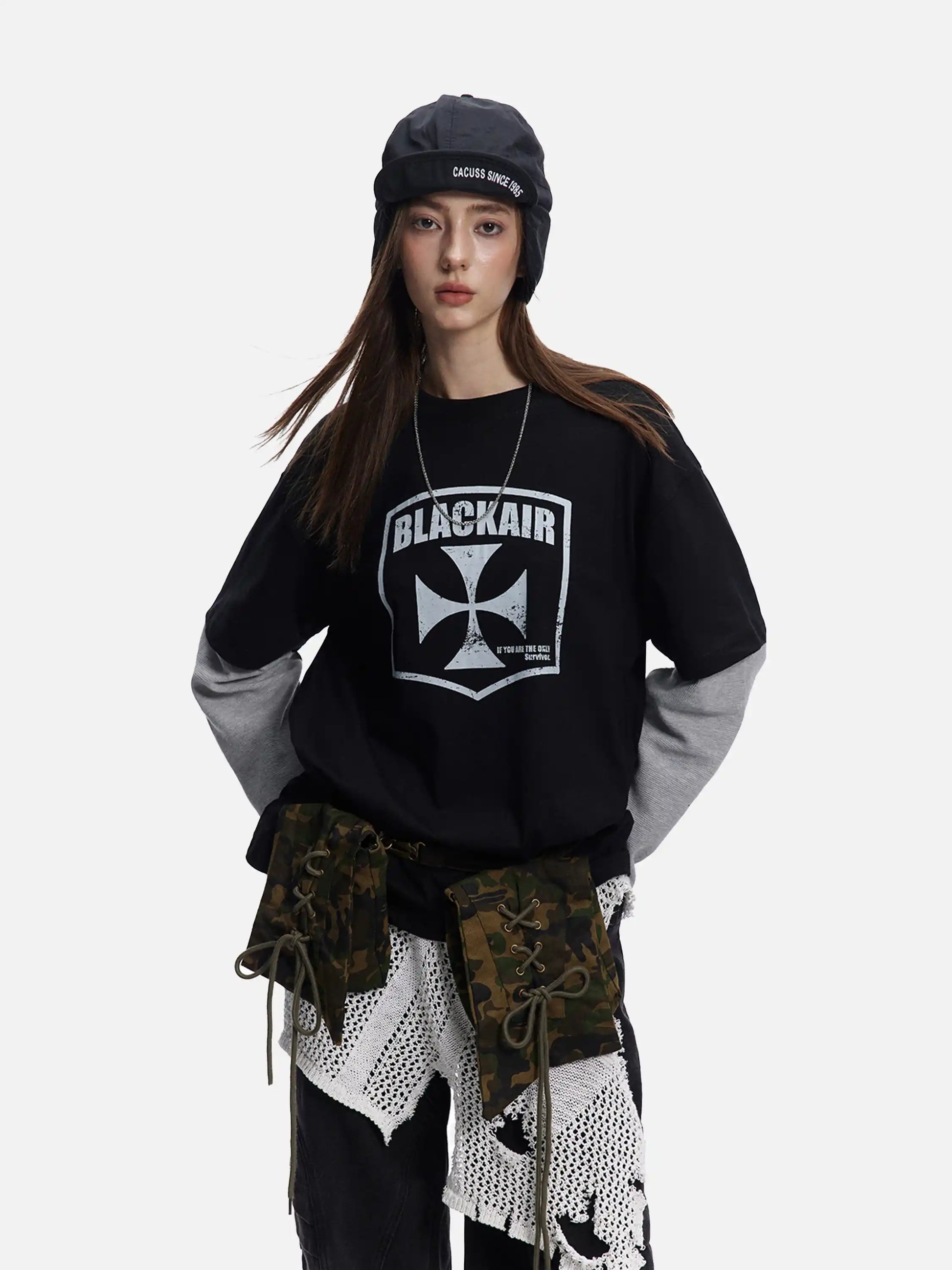 Disguisen American Waffle Faux Two-Piece Long-Sleeved T-Shirt