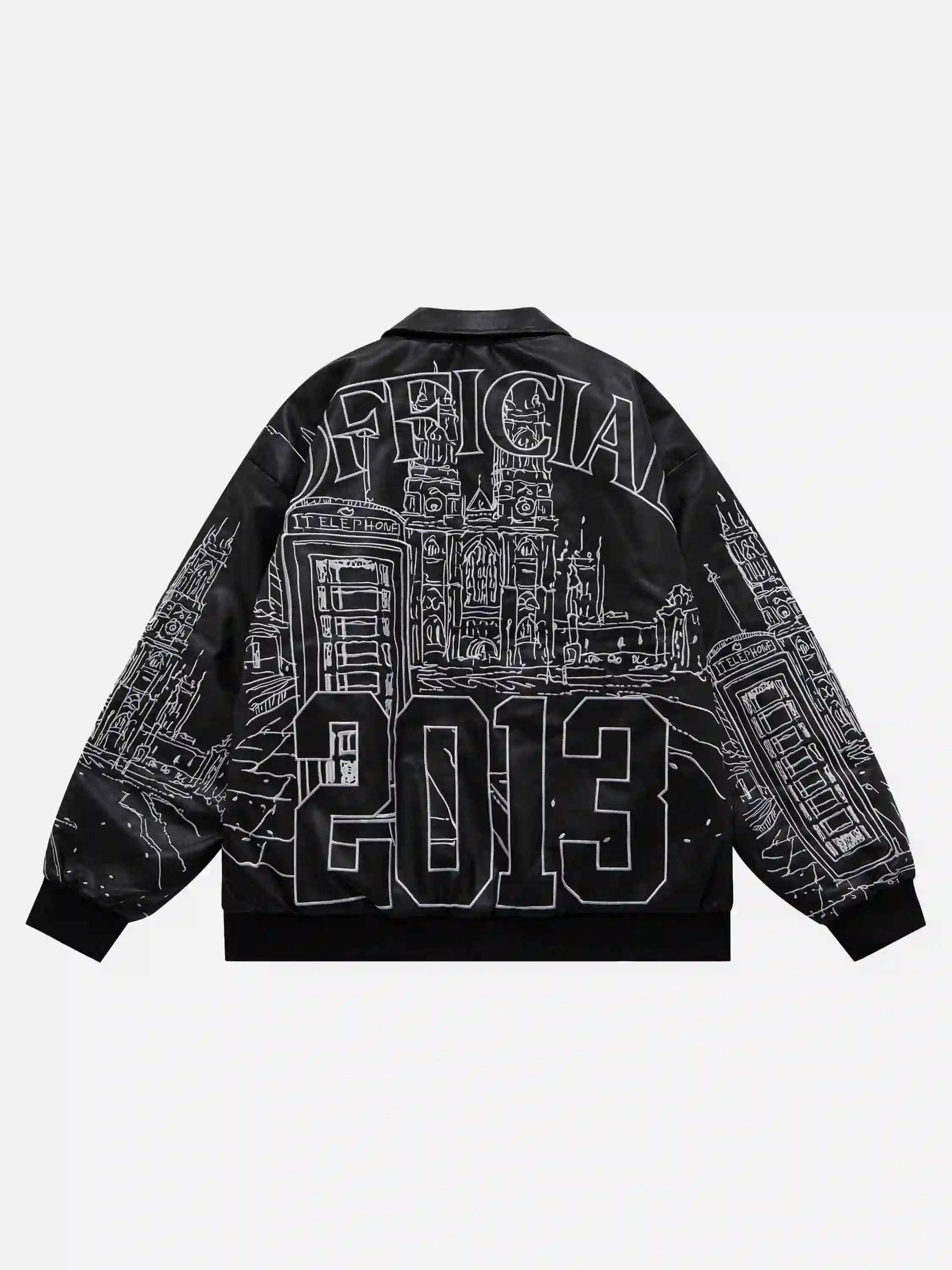 Disguisen Street Architecture Embroidered Leather Jacket