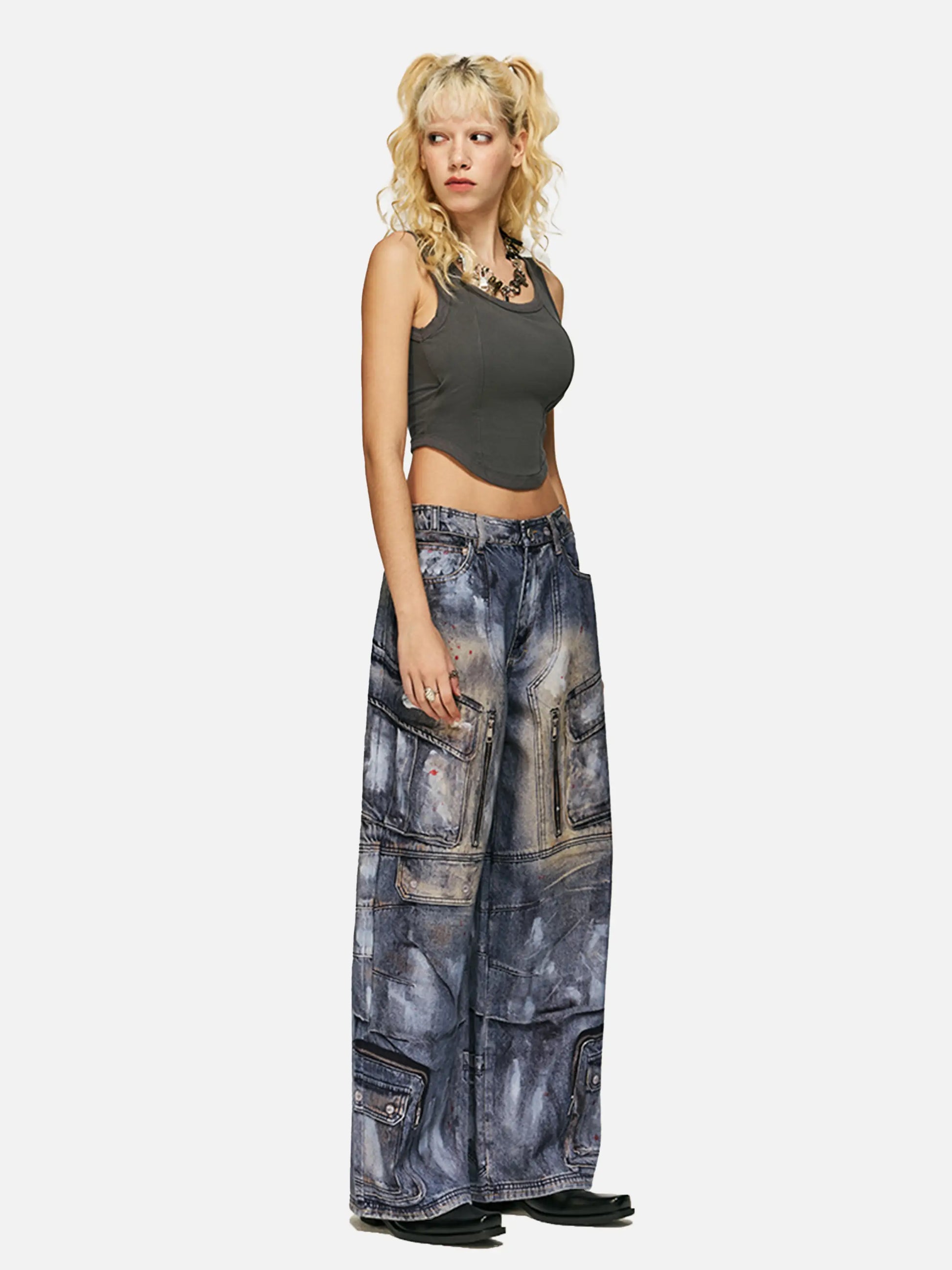 Multi-Pocket Dirty Overalls Jeans