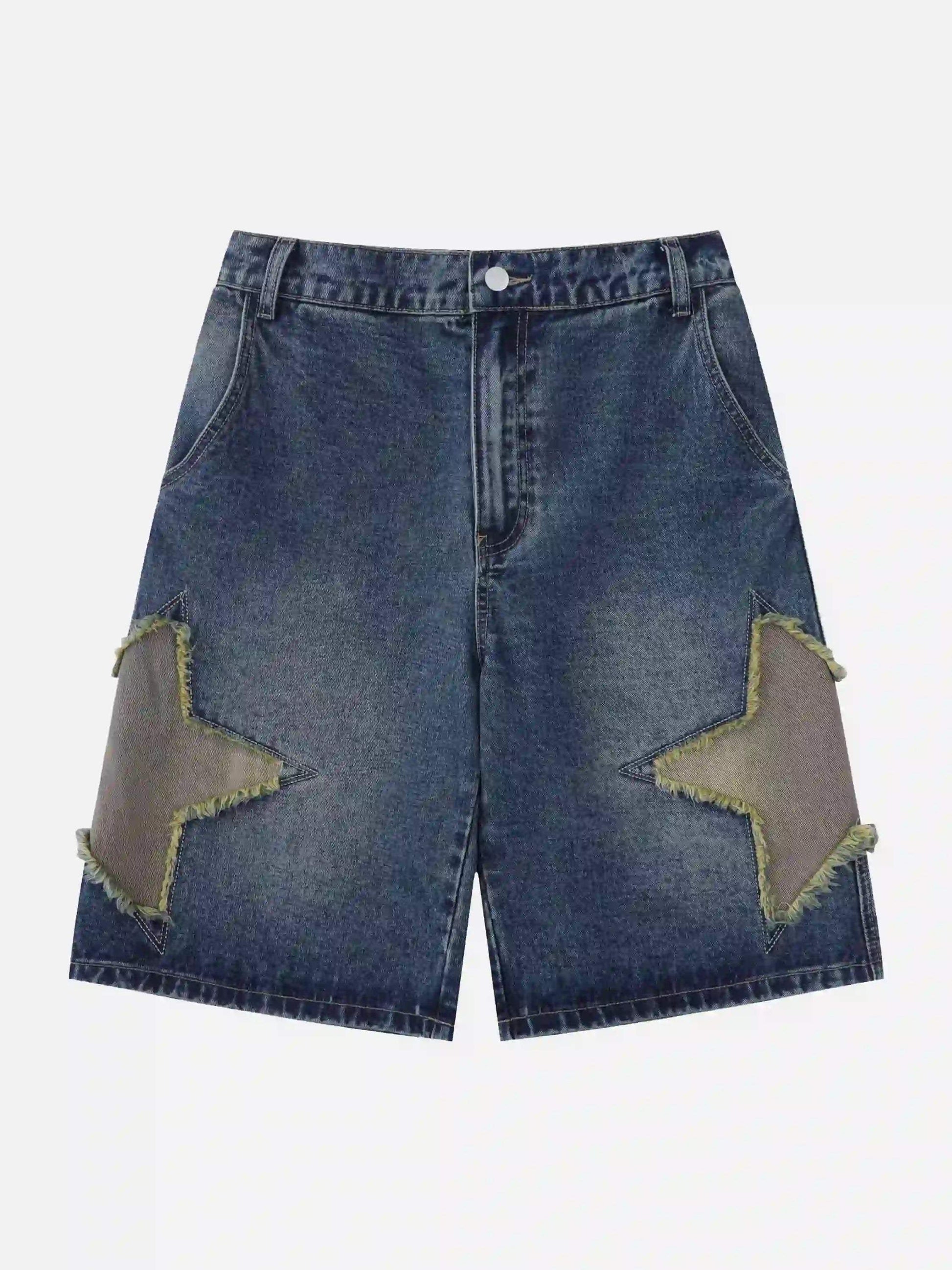 Disguisen American Retro Patchwork Denim Shorts-5213