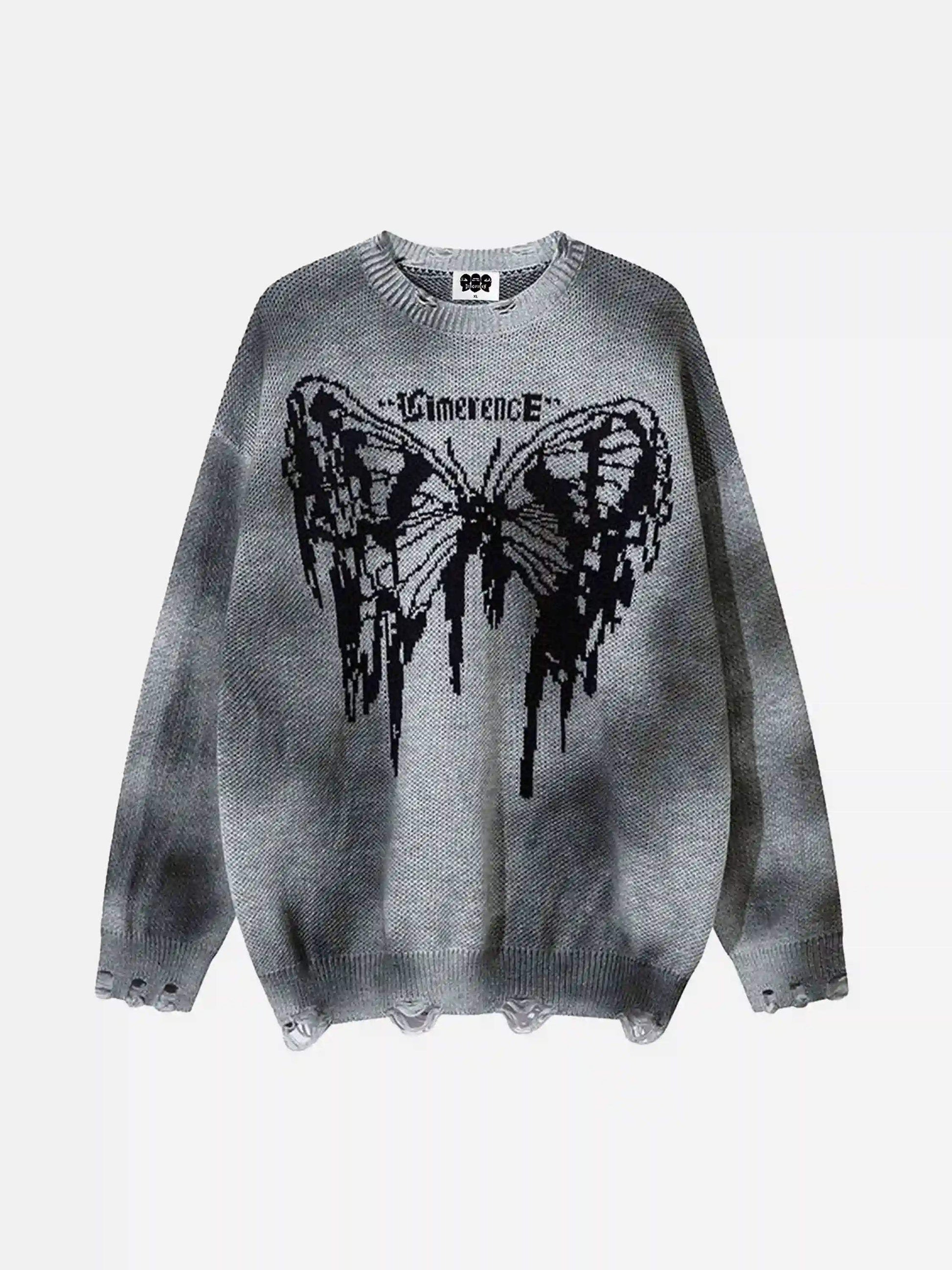 Disguisen Hip-Hop Lazy Style Butterfly Jacquard Ripped Sweater