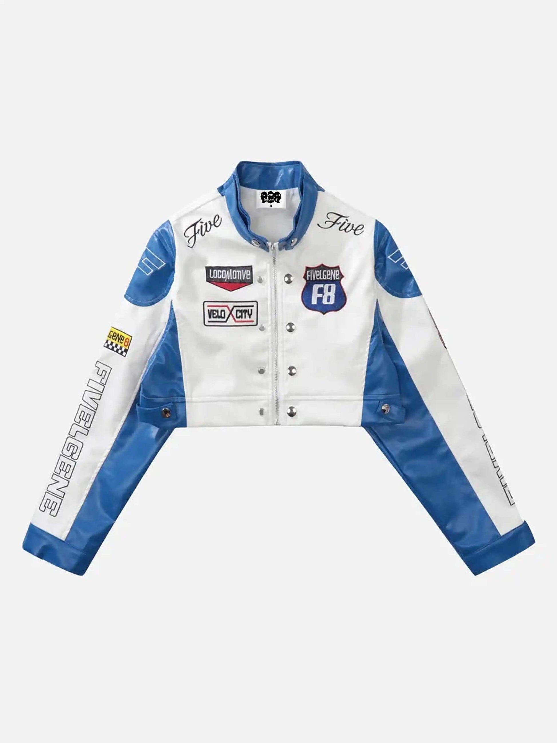 Badge Short PU Leather Racing Jacket-2221