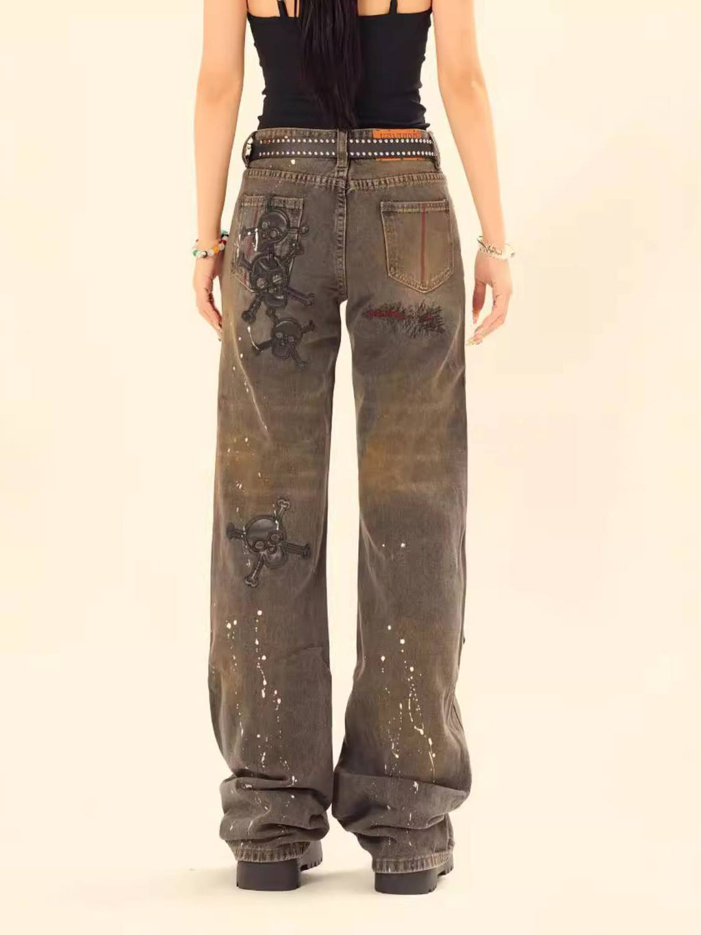 Vintage Skull Embroidery Ink Jeans