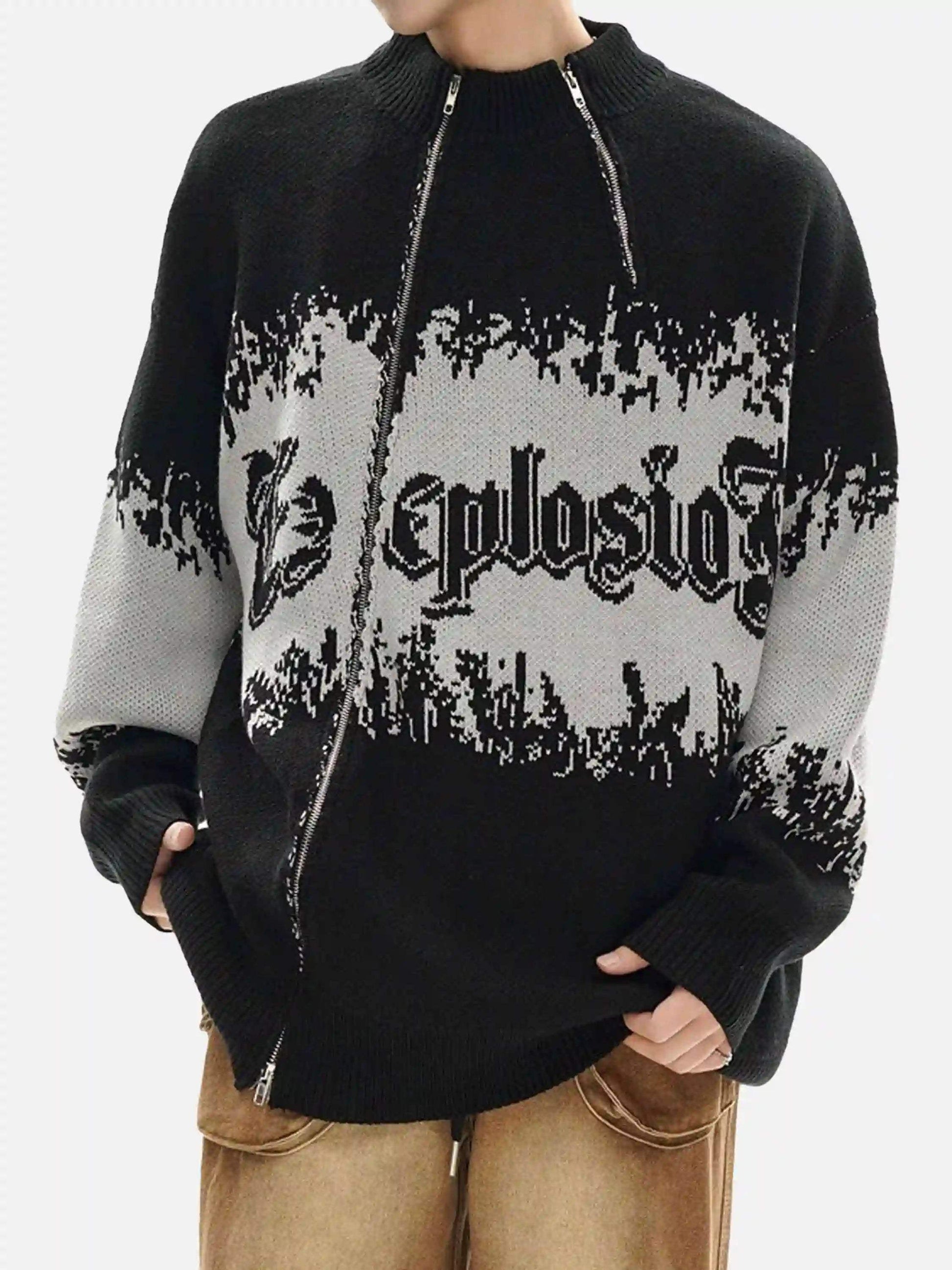 Disguisen Asymmetric Jacquard Stitching With Two-Way Zipper Sweater