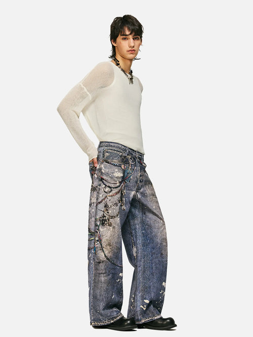 3D Digital Printed Chain Straight Jeans