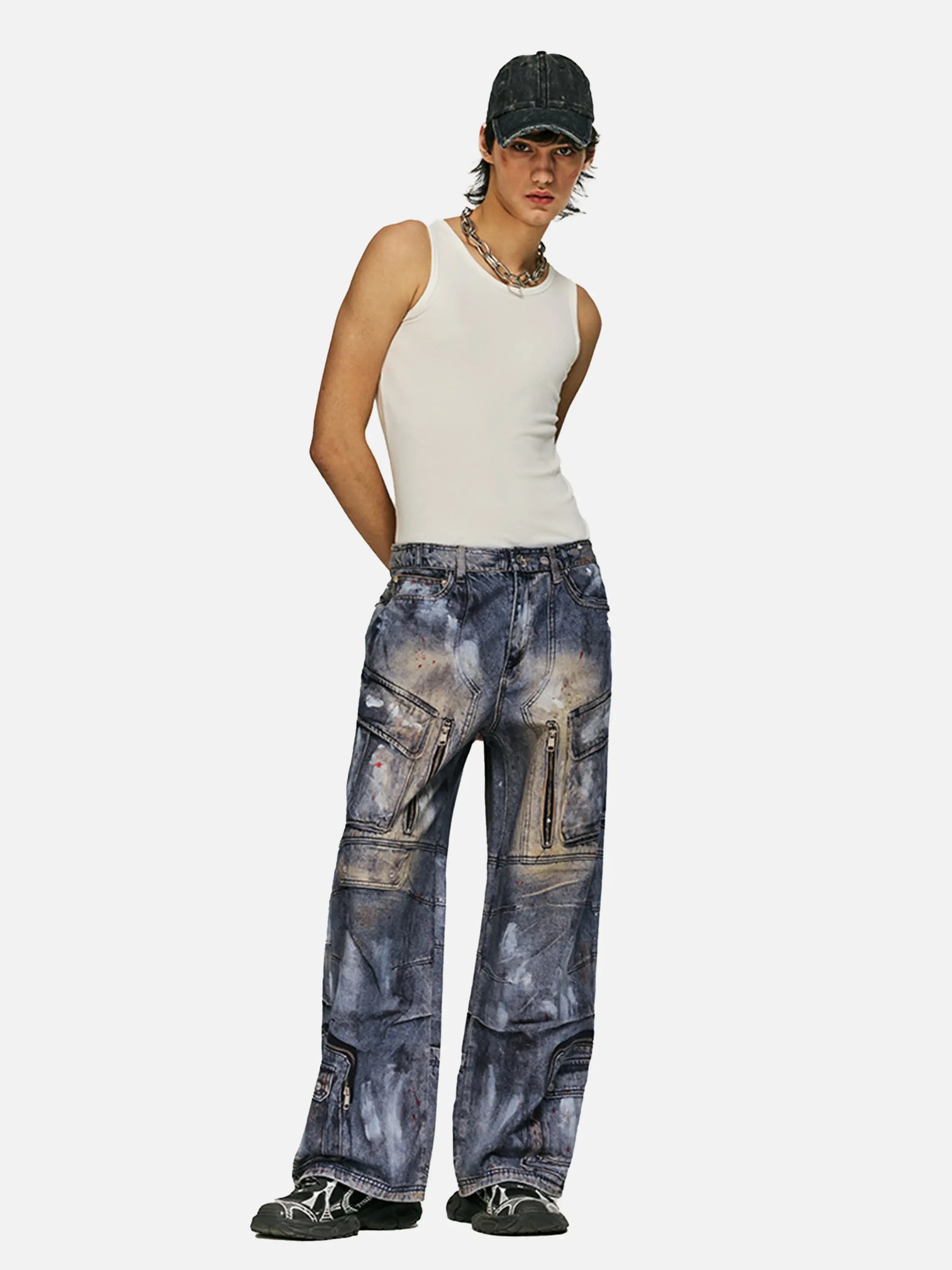 Multi-Pocket Dirty Overalls Jeans