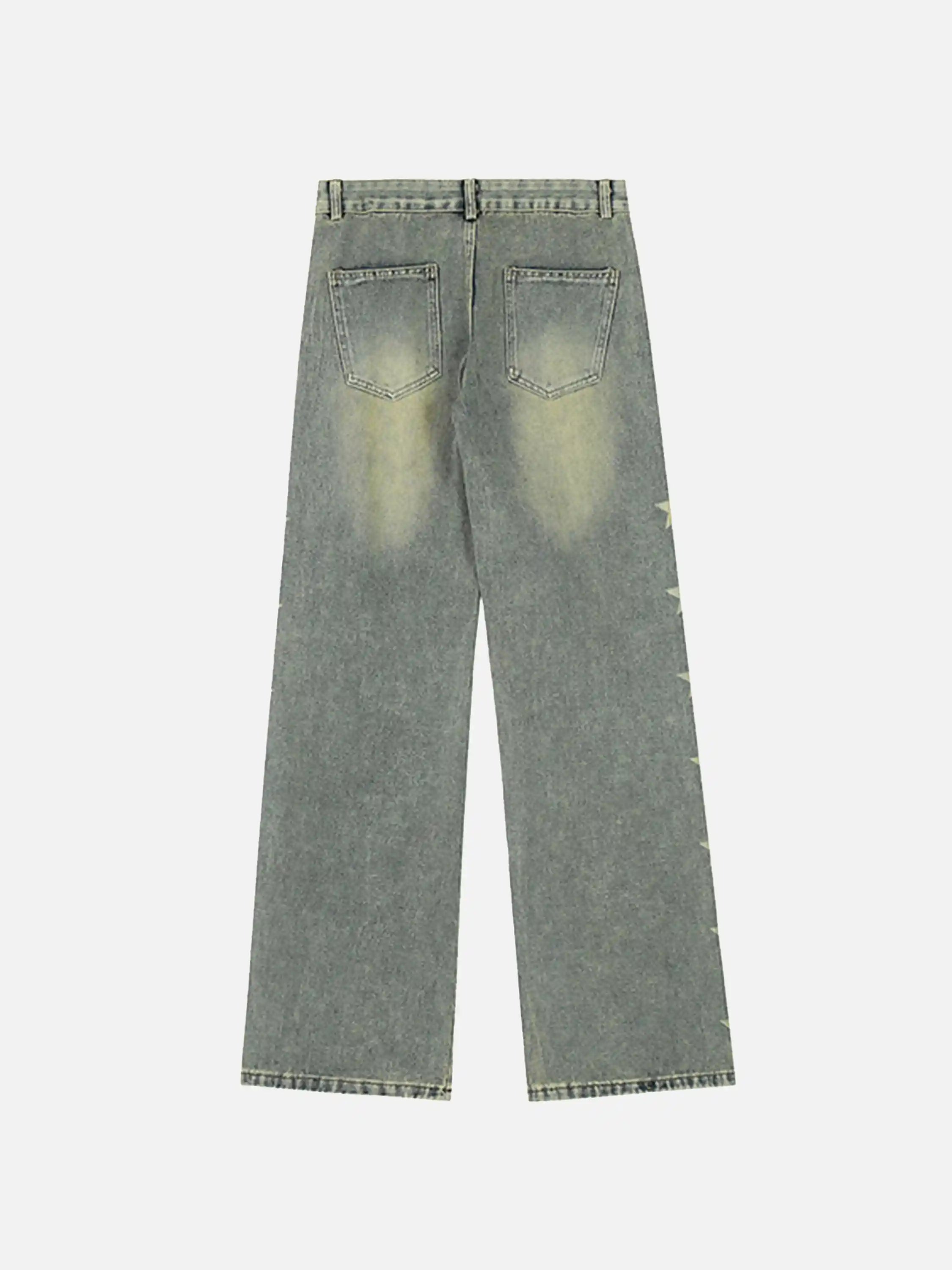 Vintage Distressed Star Print Straight-leg Jeans