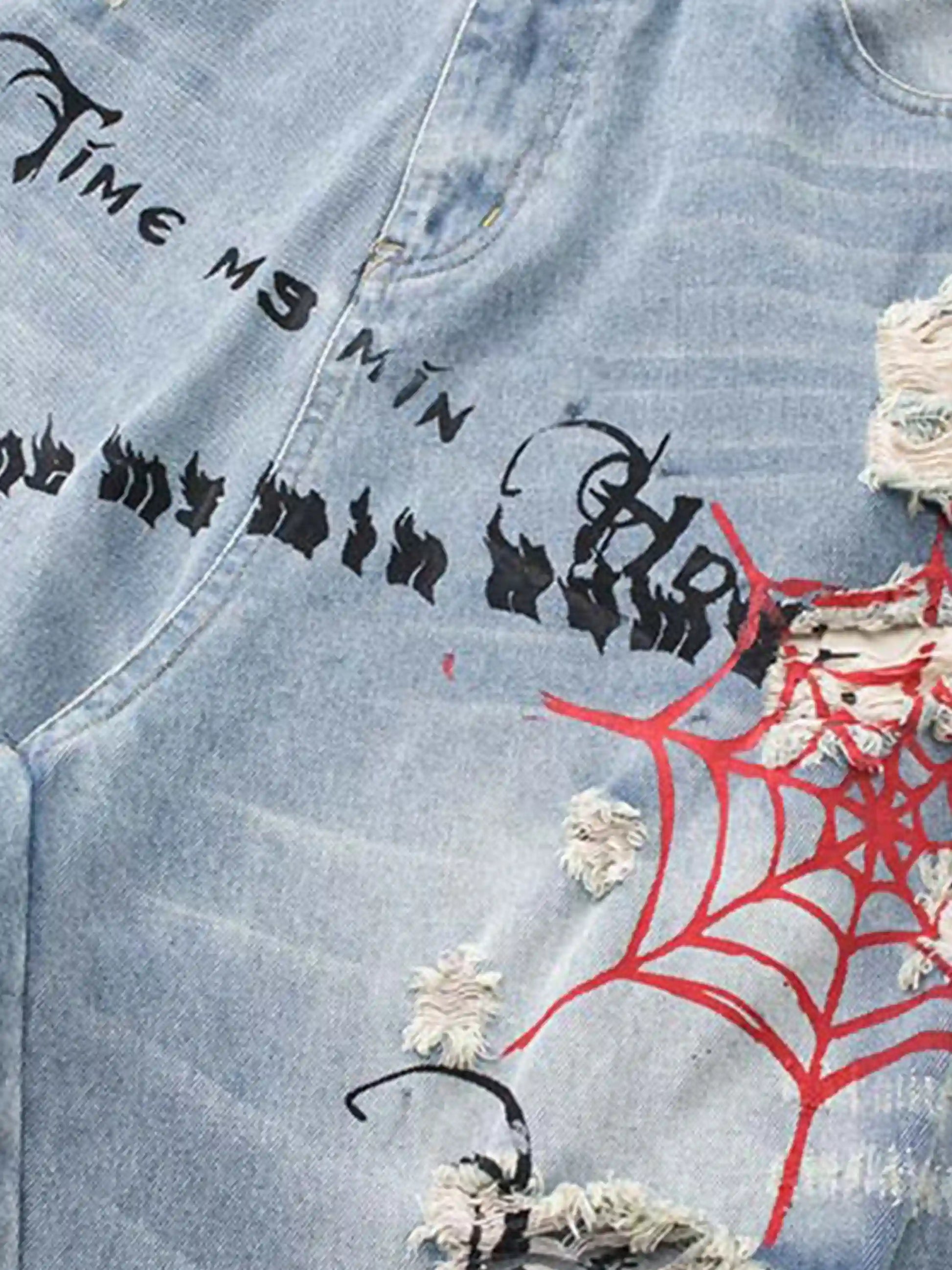 Distressed Spider Letter Print Jeans