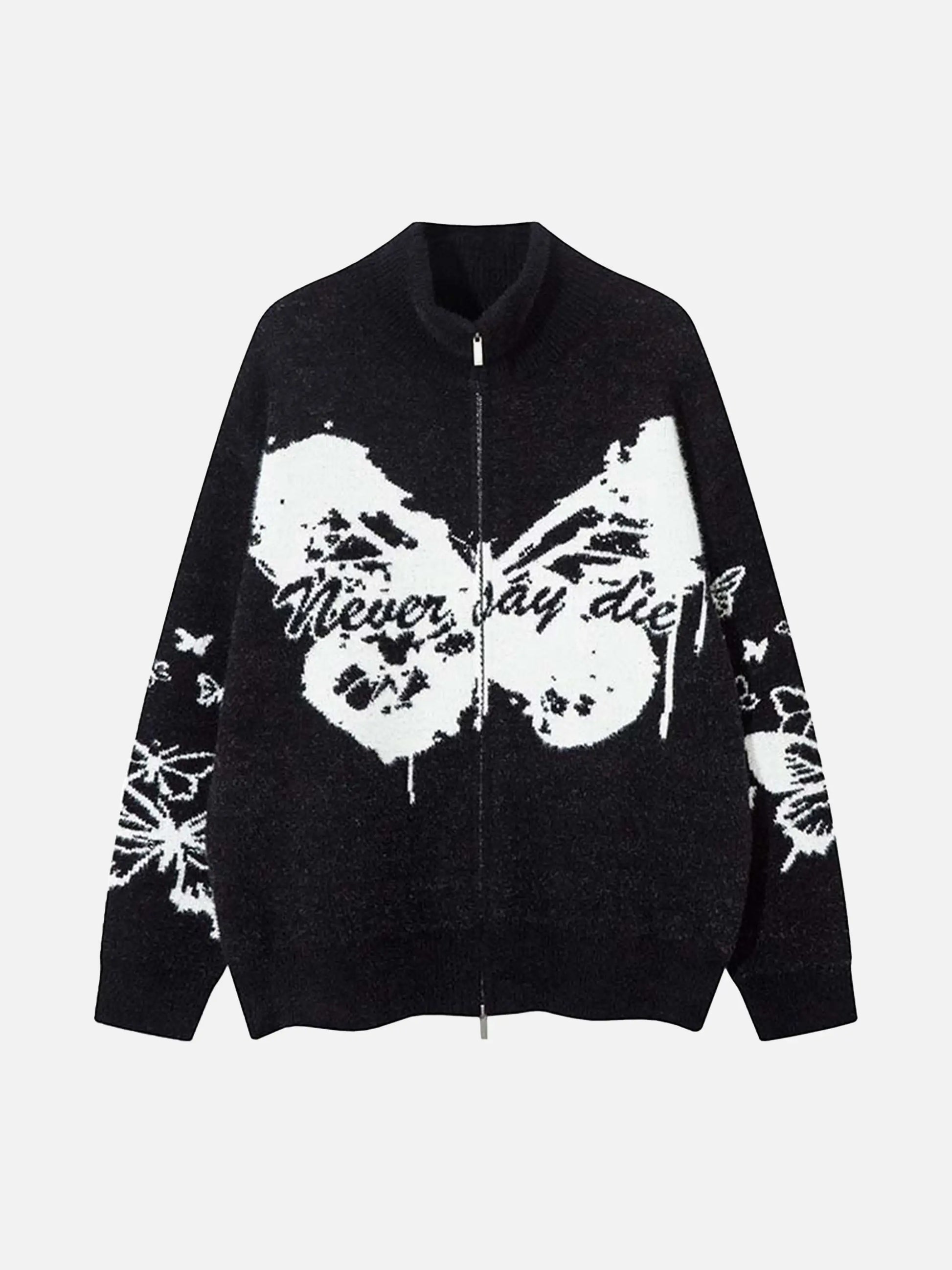 Hand-Painted Slogan Butterfly Jacquard Cardigan