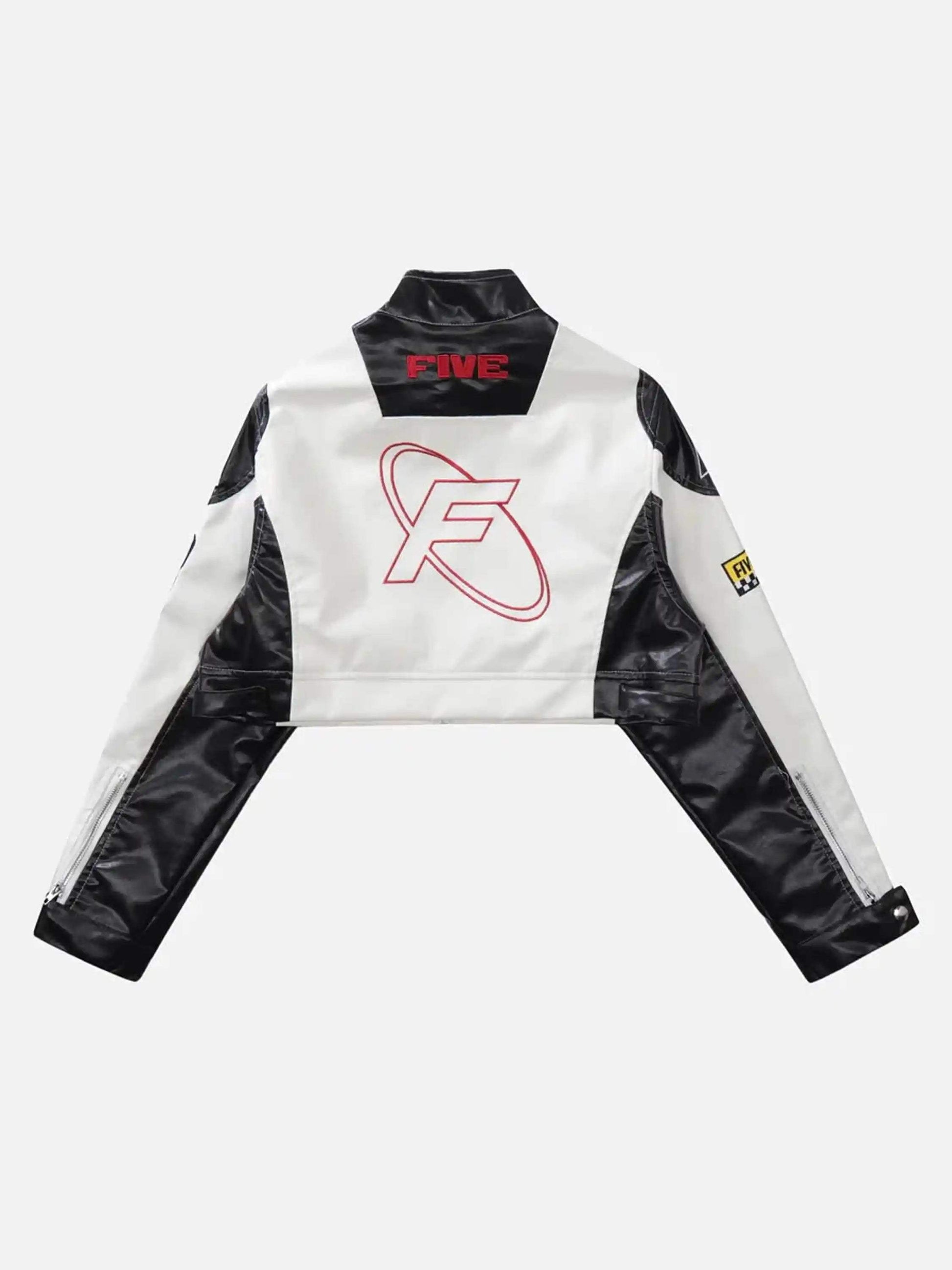 Badge Short PU Leather Racing Jacket-2221