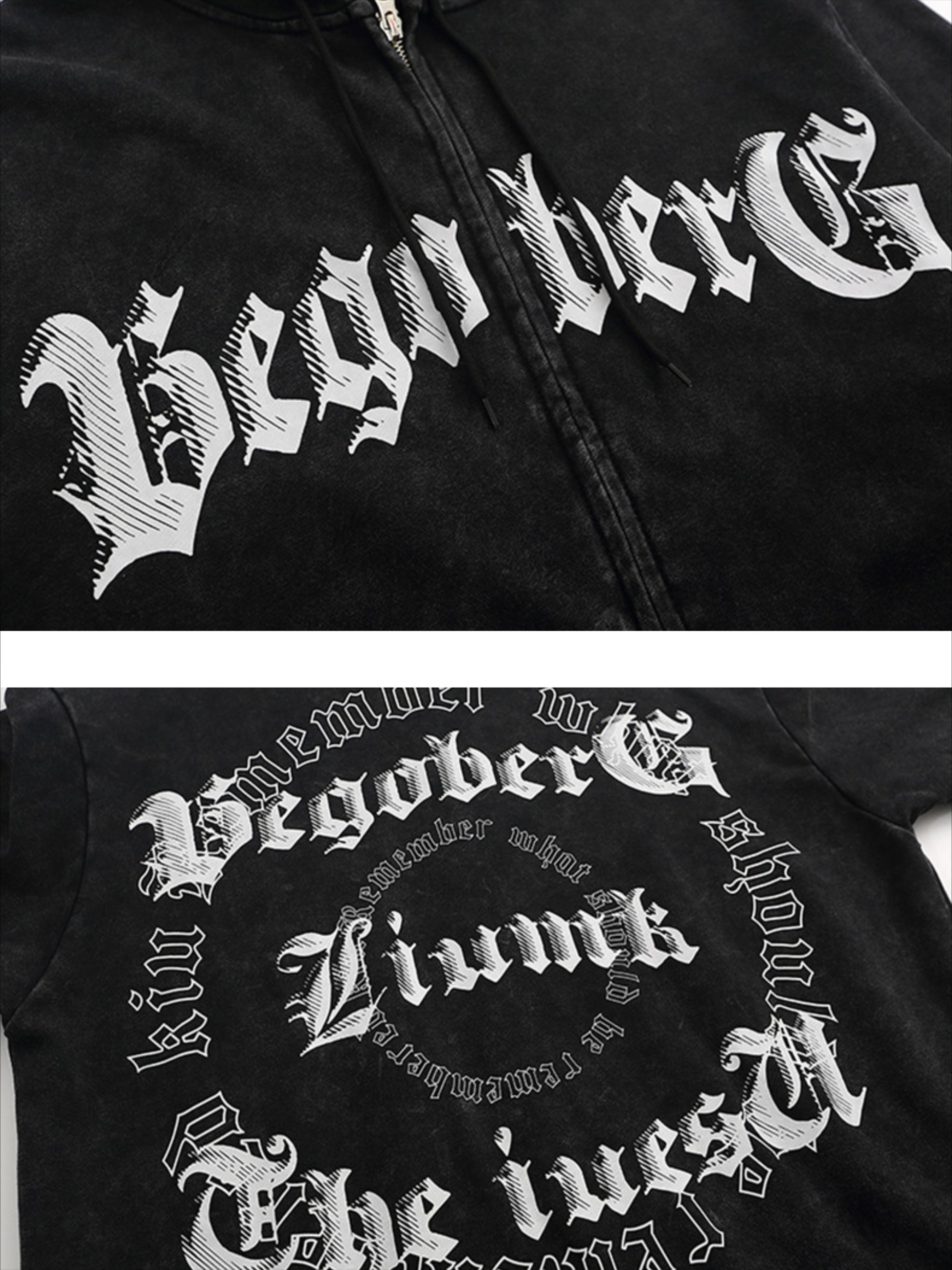 Vintage Letter Print Zipper Hoodie