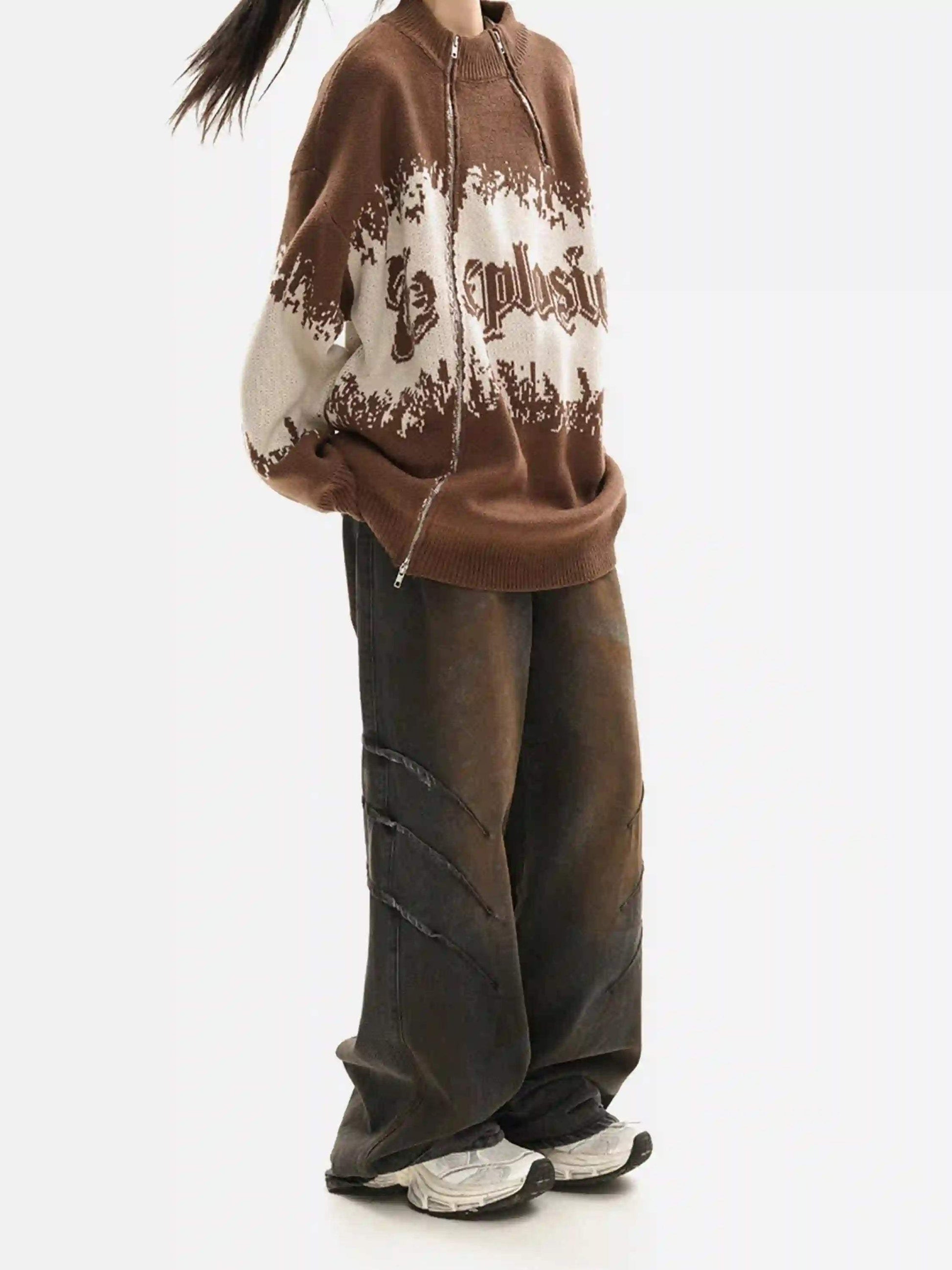 Disguisen Asymmetric Jacquard Stitching With Two-Way Zipper Sweater