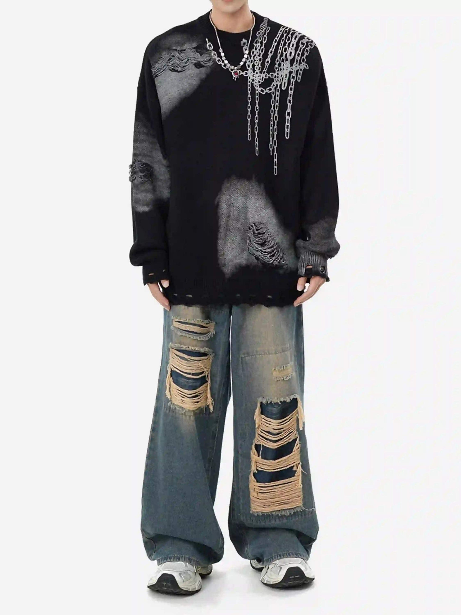 Disguisen High Street Spray Painted Distressed Dirty Chain Round Neck Sweater