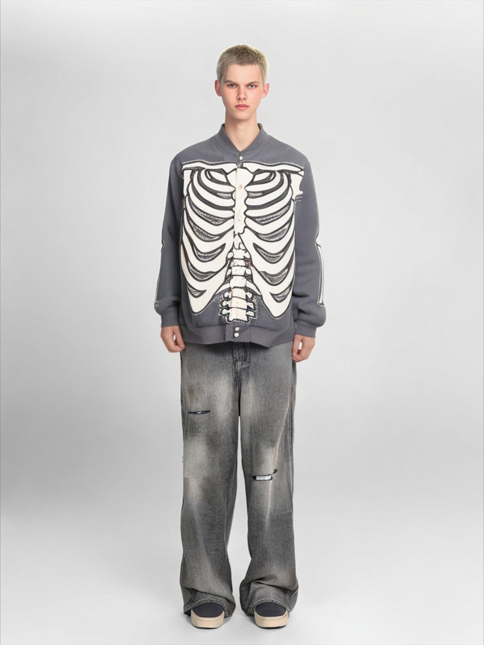 Vinatge Skull Skeleton Print Baseball Uniform Coat