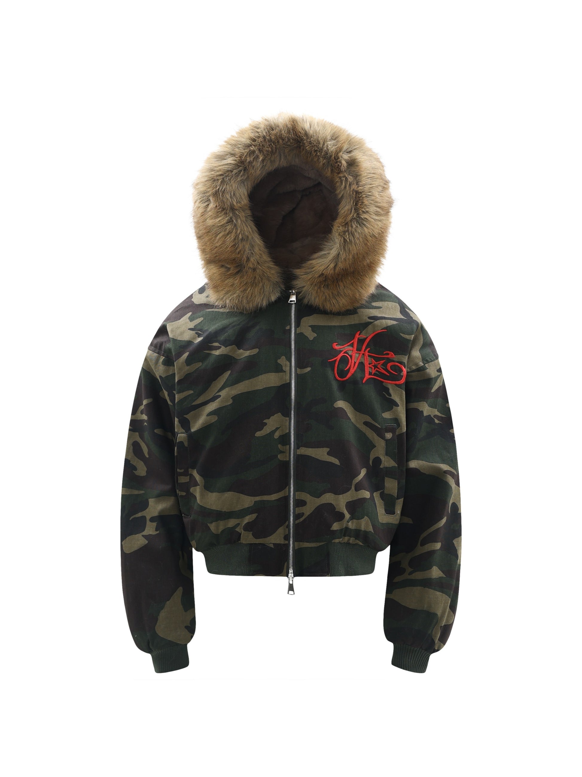 Vintage Camouflage Fur Collar Detachable Jacket