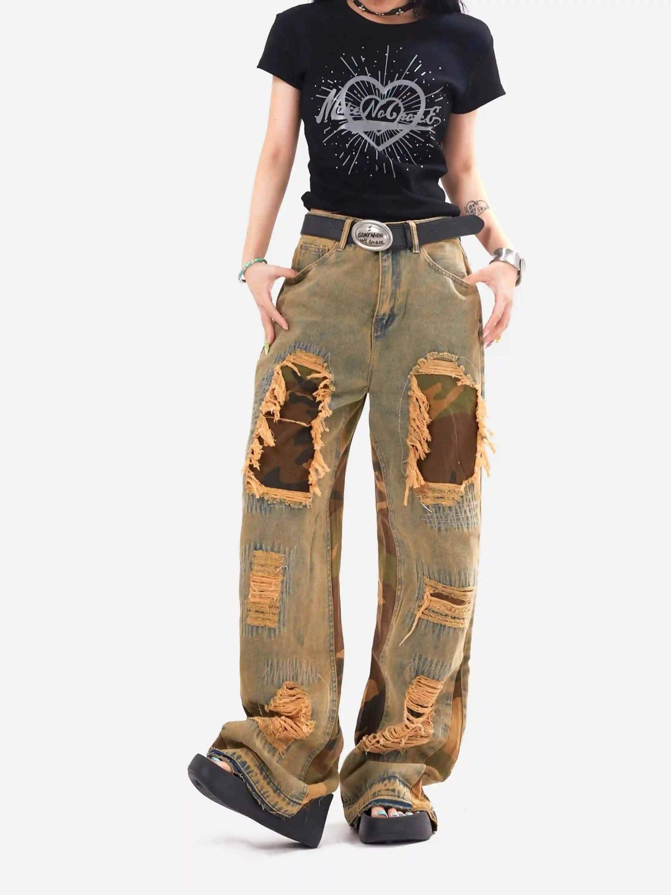 Disguisen Retro Patchwork Camouflage Flared Jeans