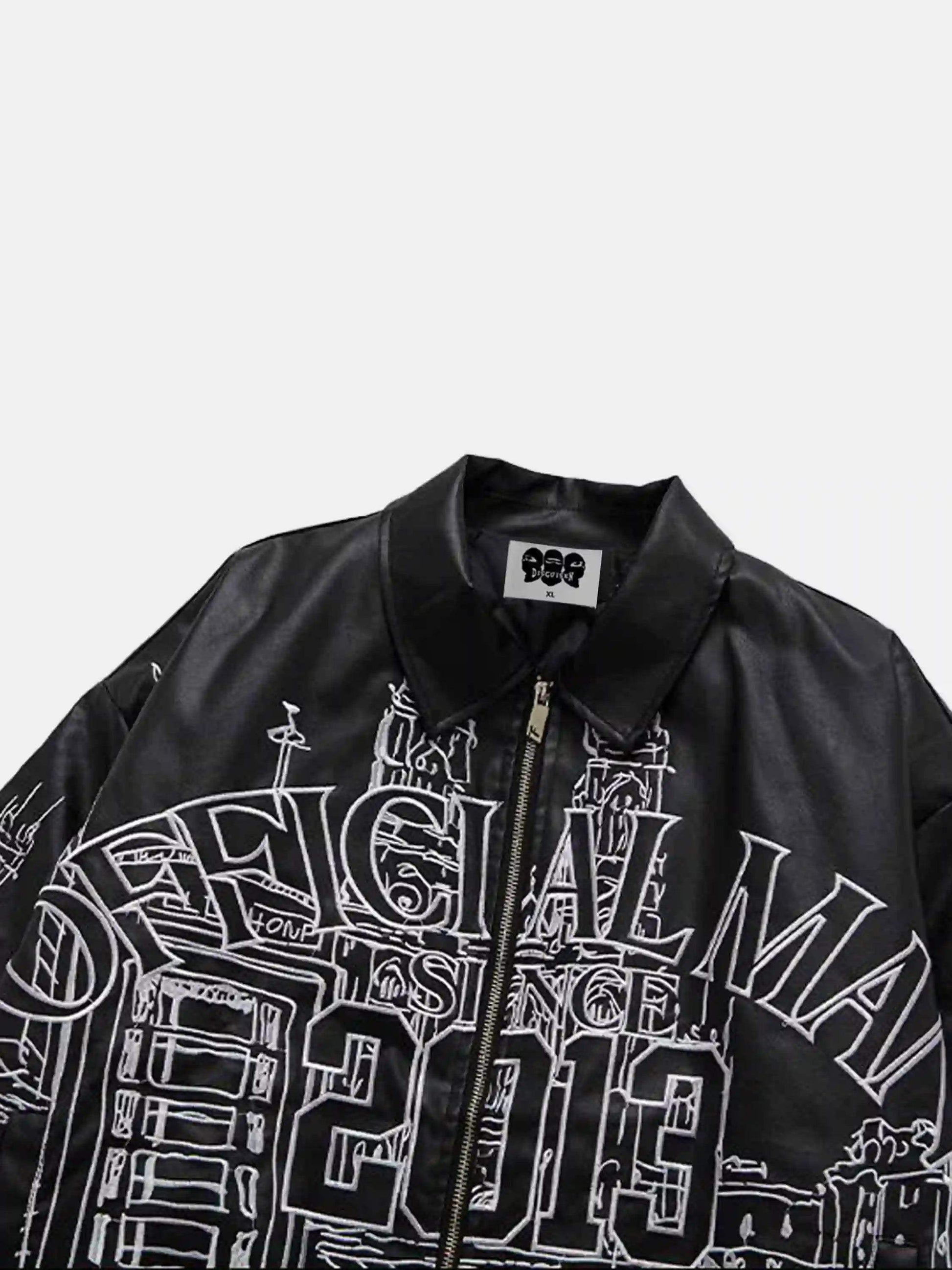 Disguisen Street Architecture Embroidered Leather Jacket