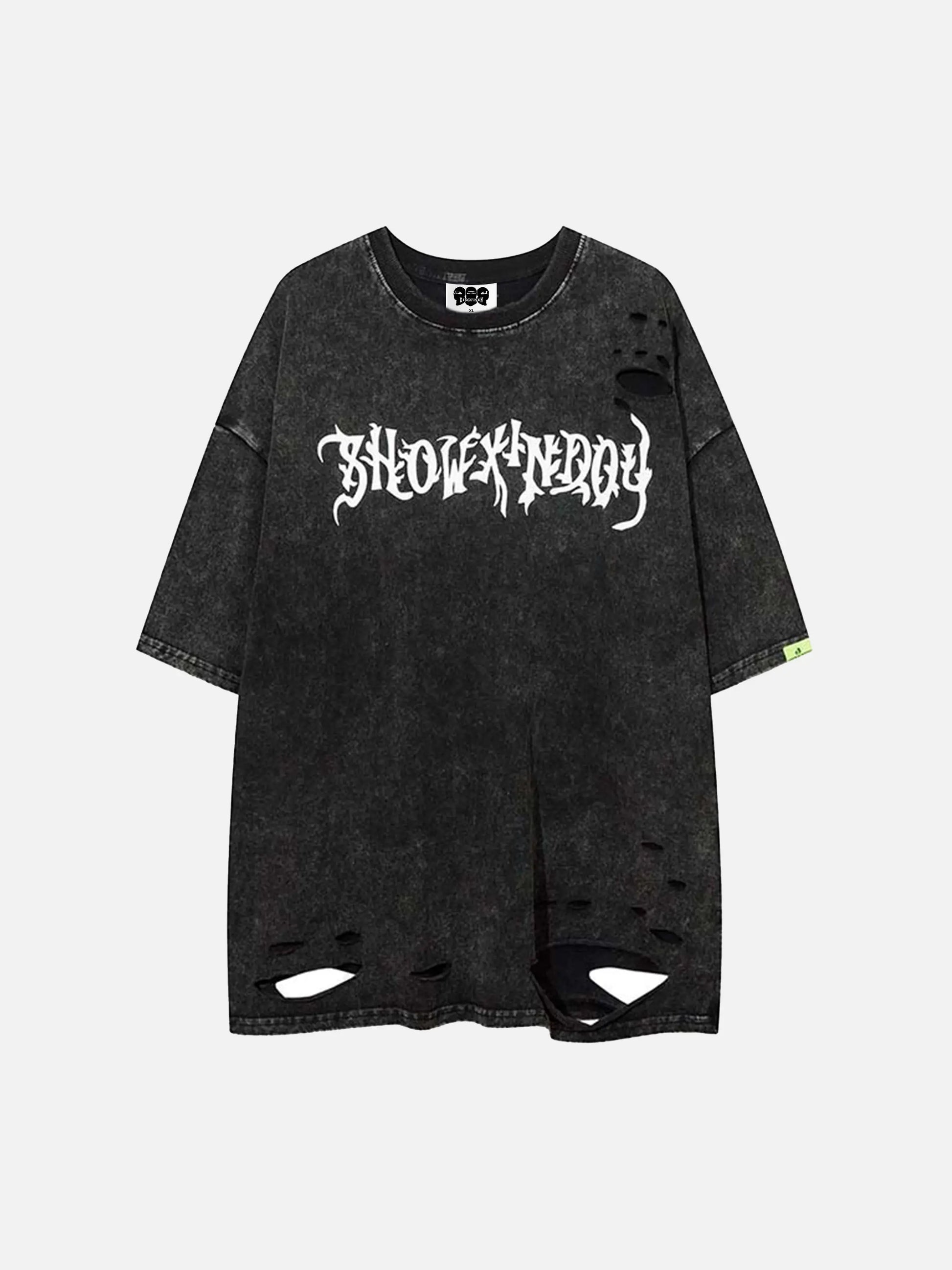T-shirt déchiré avec ailes de crâne et motif hip-hop américain