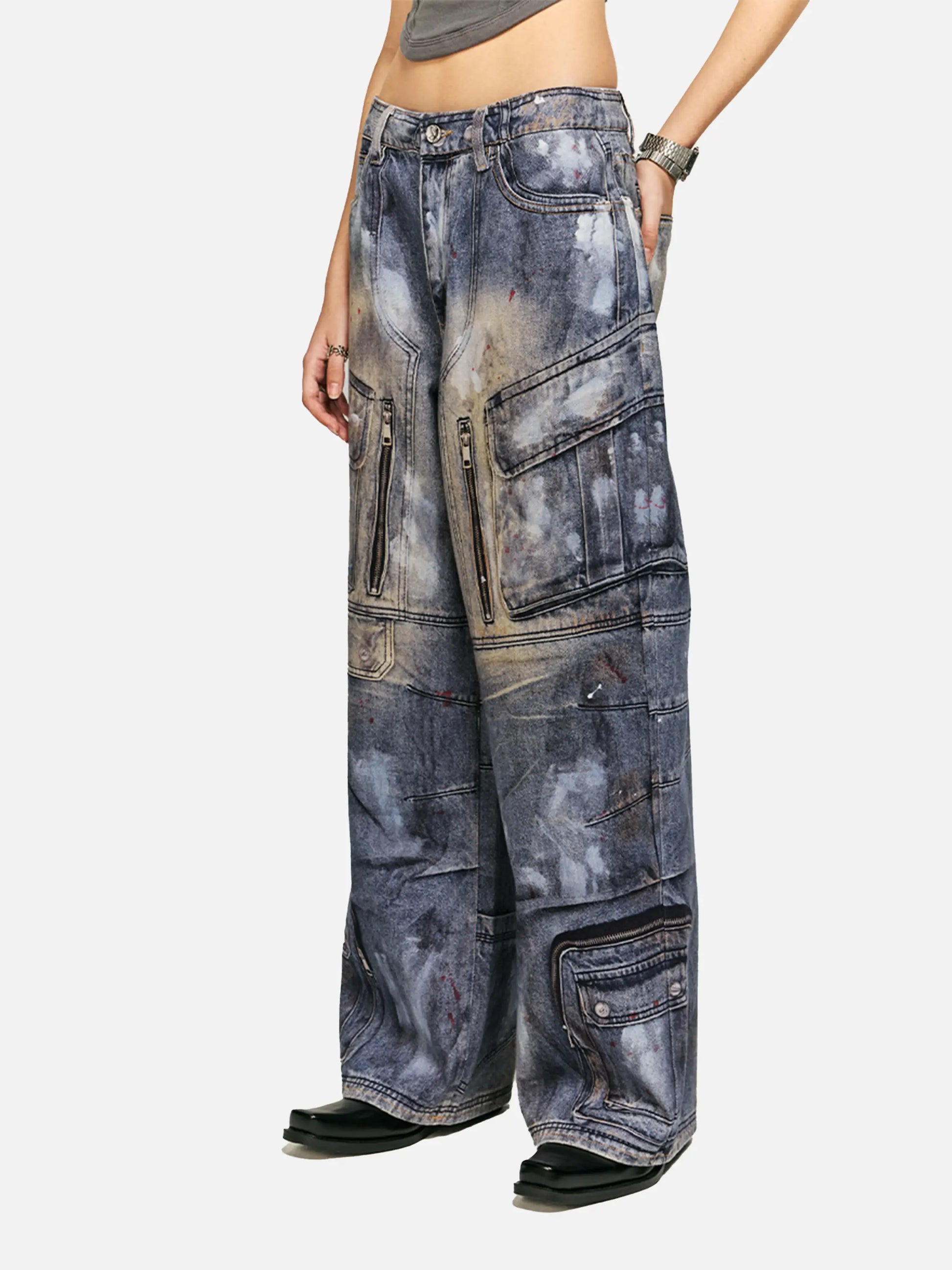 Multi-Pocket Dirty Overalls Jeans