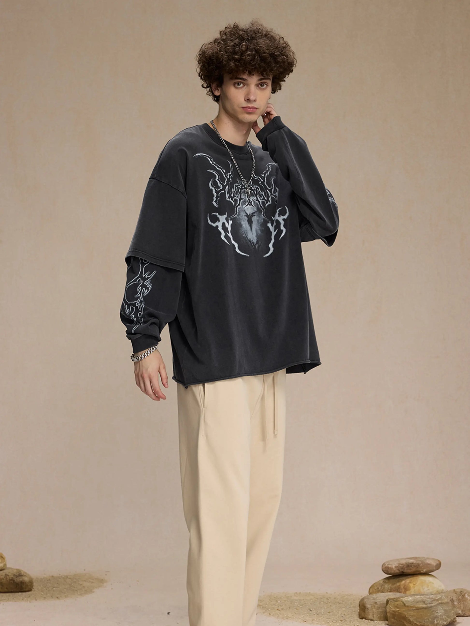 Disguisen American Devil's Coming Fake Two-Piece Long-Sleeved T-Shirt