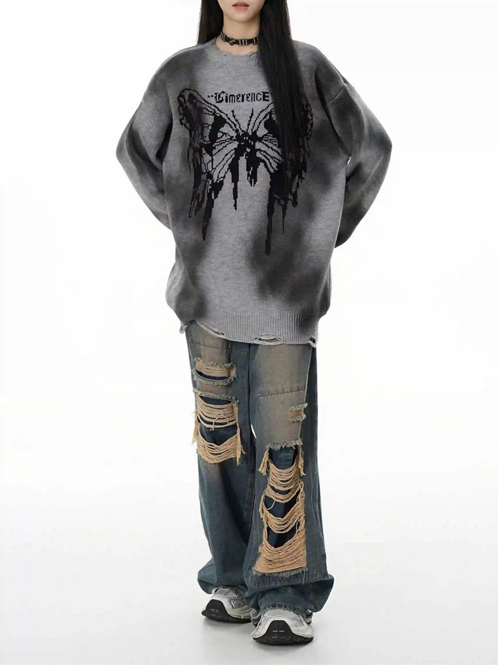 Disguisen Hip-Hop Lazy Style Butterfly Jacquard Ripped Sweater