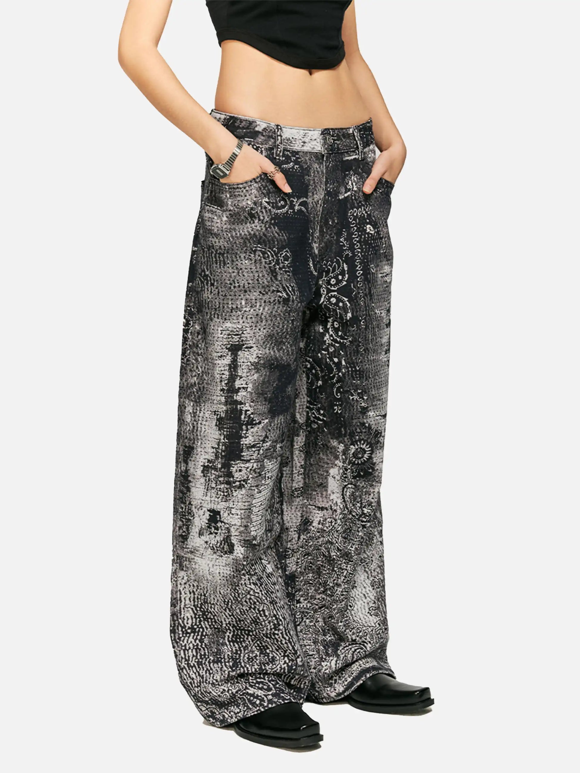 Vintage Paisley Digital Print Straight Jeans