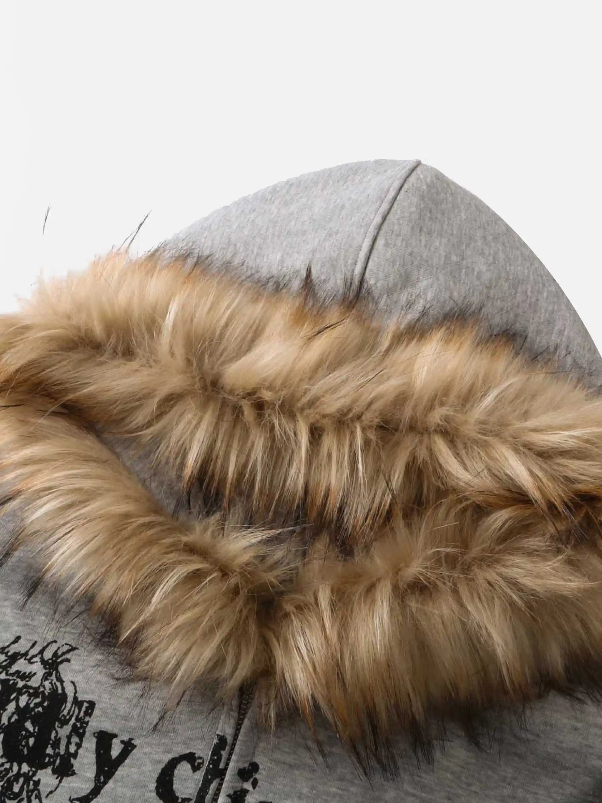 Character Print Fur Collar Zip-Up Hoodie