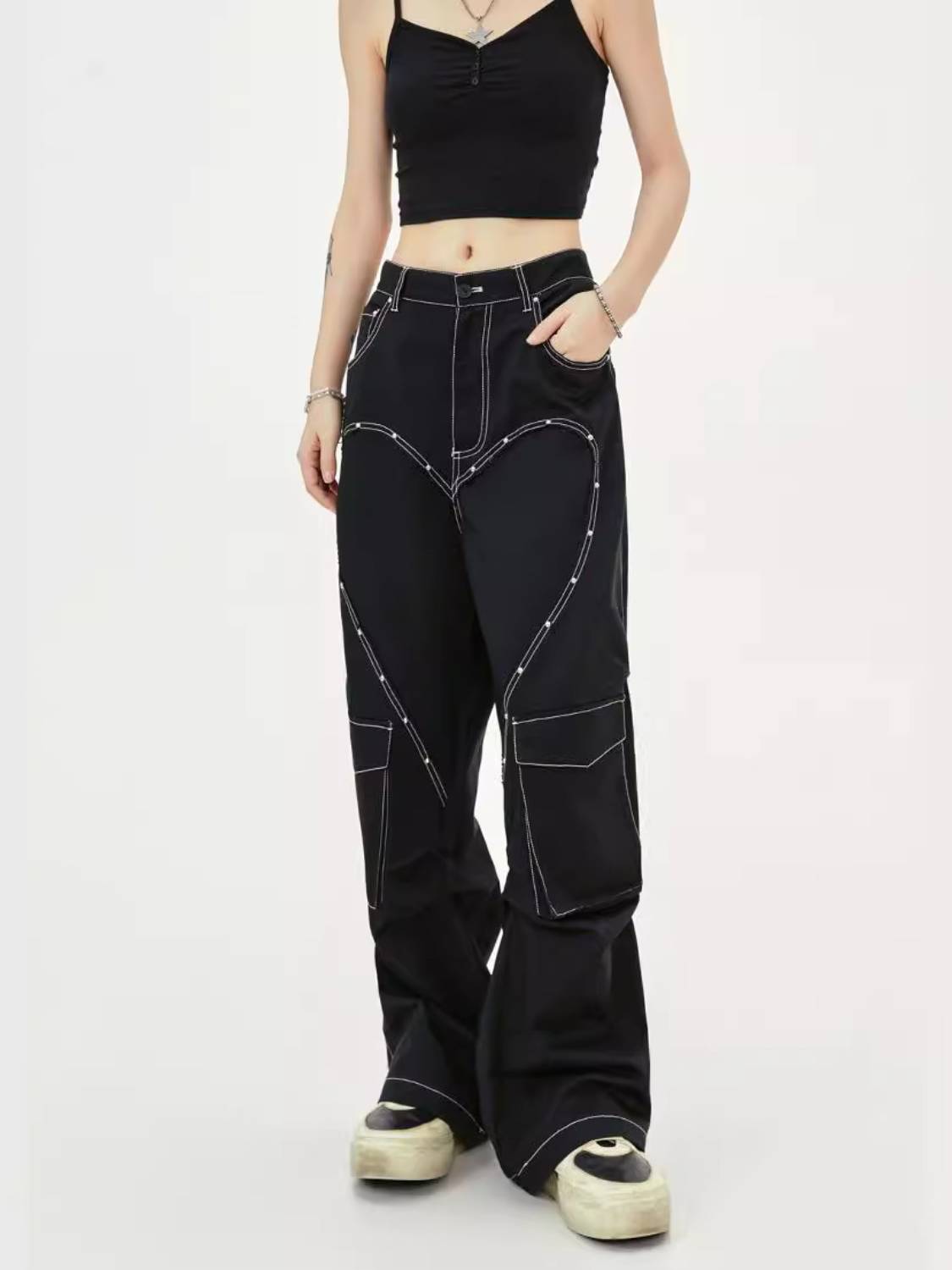 Heart Rivet Multi-pocket Jeans